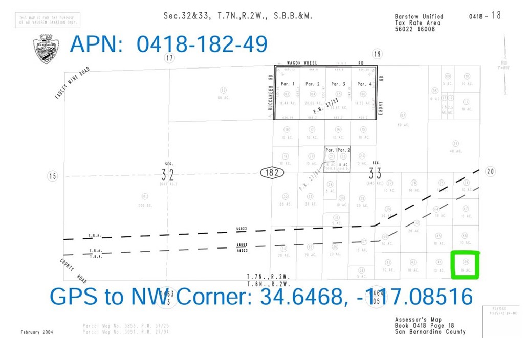 10 Acres (APN: 0418-182-49) GPS: 34.6468, -117.08516 This 10 acre property is located near Apple Valley, CA in San Bernardino County. Discover the ultimate outdoor escape with property zoned for Resource Conservation (RC) in San Bernardino County. This unique zoning not only safeguards expansive open spaces but also invites a myriad of recreational activities. Whether you aspire to build your dream single-family home or yearn for a tranquil camping getaway amidst picturesque surroundings, this zoning offers endless opportunities for relaxation and outdoor excitement. Nestled in the heart of the Mojave Desert, Apple Valley, CA, is a vibrant community offering a perfect blend of natural beauty and modern convenience. With its picturesque desert landscapes and clear blue skies, Apple Valley provides a serene escape from the hustle and bustle of city life. Here, residents and visitors alike can enjoy a plethora of outdoor activities, from hiking and biking along scenic trails. Boasting a welcoming atmosphere and a strong sense of community, Apple Valley is more than just a destination—it's a place to call home. This property does not yet have an address. While the boundary lines on the map offer a glimpse, they are only approximate. A Buyer should verify boundaries, zoning and utilities, ensuring every aspect aligns with their vision for the property.