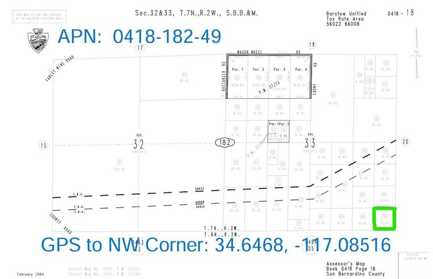10 Acres (APN: 0418-182-49) GPS: 34.6468, -117.08516 This 10 acre property is located near Apple Valley, CA in San Bernardino County. Discover the ultimate outdoor escape with property zoned for Resource Conservation (RC) in San Bernardino County. This unique zoning not only safeguards expansive open spaces but also invites a myriad of recreational activities. Whether you aspire to build your dream single-family home or yearn for a tranquil camping getaway amidst picturesque surroundings, this zoning offers endless opportunities for relaxation and outdoor excitement. Nestled in the heart of the Mojave Desert, Apple Valley, CA, is a vibrant community offering a perfect blend of natural beauty and modern convenience. With its picturesque desert landscapes and clear blue skies, Apple Valley provides a serene escape from the hustle and bustle of city life. Here, residents and visitors alike can enjoy a plethora of outdoor activities, from hiking and biking along scenic trails. Boasting a welcoming atmosphere and a strong sense of community, Apple Valley is more than just a destination—it's a place to call home. This property does not yet have an address. While the boundary lines on the map offer a glimpse, they are only approximate. A Buyer should verify boundaries, zoning and utilities, ensuring every aspect aligns with their vision for the property.