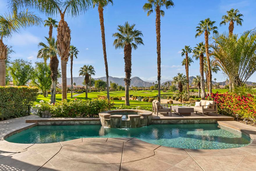 Mountain and Lake views! This desirable south west facing Encanto 1 home has views that seem to go on forever! The upgrades and additions create your own private resort with 3 bedrooms, (all king beds) and ensuites. The beautifully furnished and comfortable great room comes complete with built in bar and large screen TV. A well-appointed chef's kitchen, includes an island for food preparation. The beautiful back yard with pool and spa showcases a relaxing lifestyle overlooking three holes of the Steve Pate course. Relax and unwind on your expansive deck while views of the Santa Rosa mountains wash your cares away! This beautiful home has been meticulously cared for by its owners.  Utilities are capped at $250. per month. Includes wifi and cable TV! Please call for available dates!