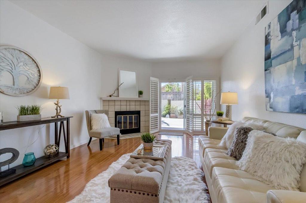 This 2 bedroom, 2 bath home is all on one level with the entry on the first floor and no steps, and is conveniently located within the desirable Hampton Place community. Tastefully updated throughout, this home features newer laminate flooring, double-paned windows and sliding glass door, updated kitchen with newer countertops, stainless steel appliance, and garden window, updated bathrooms with newer countertops and sinks, updated electrical panel and lighting, newer plantation shutters, and spacious private patio with storage shed. This gated community has a park-like setting with mature trees and landscaping, ample guest parking, pool/spa, and clubhouse. HOA fee includes water and trash. Located close to schools, shopping, dining, El Camino Real and much more.