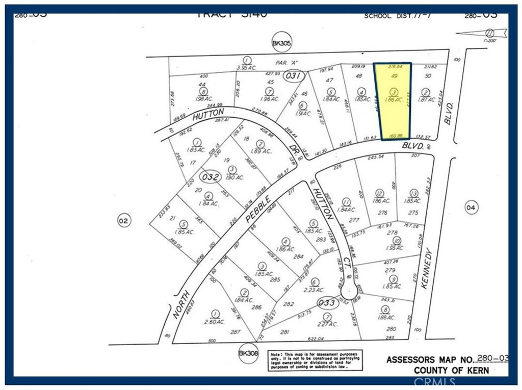 Lot 49 Map 3140, 1.86 Acres, (Apn: 280-031-03-007) GPS: 35.21602, -117.78711 on Pebble Blvd in California City, CA. California City is in northern Antelope Valley in Kern County. California City is 18 miles northwest of Edwards Air Force Base, 40 miles north of Lancaster and 28 miles east of Tehachapi. California City has zoned this property as RM1/MR2 Multiple Family Residential. According to the City the following uses are permitted: Single Family Dwellings, multiple family dwellings, riding stables, corrals and animal keeping. No utilities are currently available to this lot. Electricity is approx 1100 ft East. Please check with the City for water and sewer distance. Please use GPS Coordinates to locate property GPS: 35.21602,-117.78711