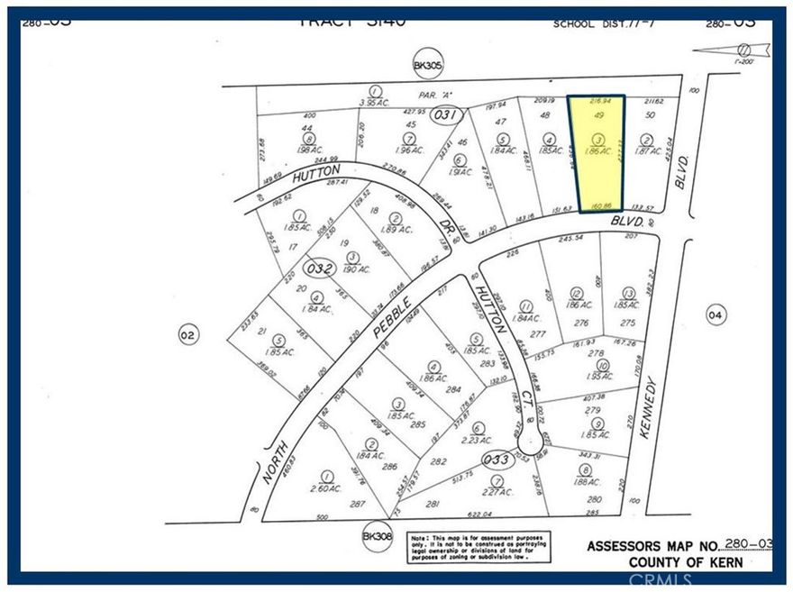 Lot 49 Map 3140, 1.86 Acres, (Apn: 280-031-03-007)  GPS: 35.21602, -117.78711  on Pebble Blvd in California City, CA. California City is in northern Antelope Valley in Kern County. California City is 18 miles northwest of Edwards Air Force Base, 40 miles north of Lancaster and 28 miles east of Tehachapi. California City has zoned this property as RM1/MR2 Multiple Family Residential. According to the City the following uses are permitted: Single Family Dwellings, multiple family dwellings, riding stables, corrals and animal keeping. No utilities are currently available to this lot. Electricity is approx 1100 ft East. Please check with the City for water and sewer distance. Please use GPS Coordinates to locate property GPS: 35.21602,-117.78711