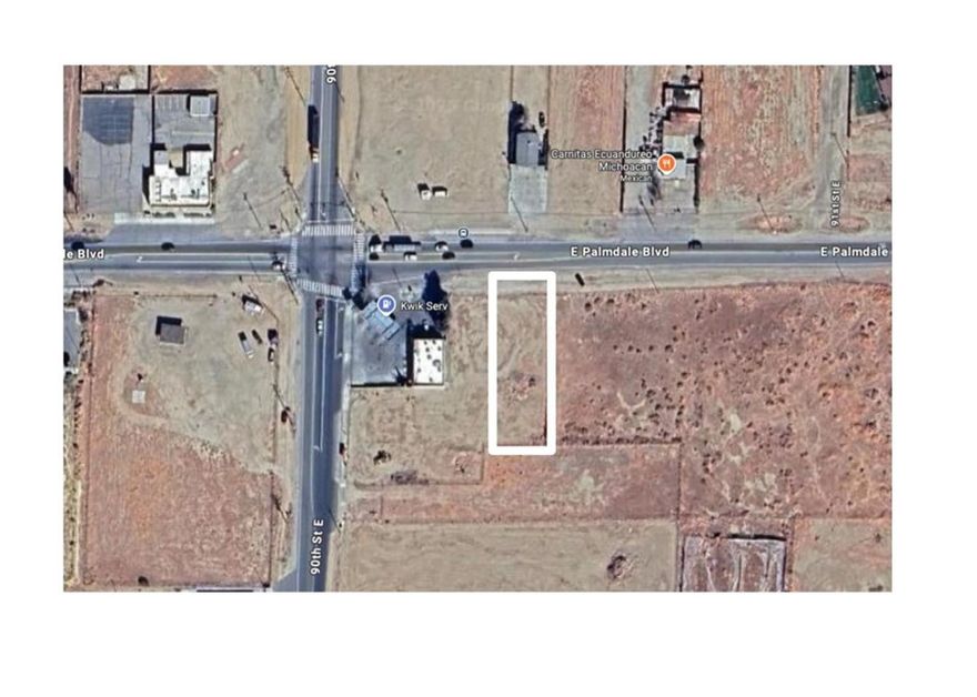 Premier opportunity to own a high-visibility commercial lot located at the signalized intersection of E Palmdale Boulevard and 90th Street East. Property is just east of the Kwik Mart located at 38350 90th St E, Littlerock, CA 93543. This flat, rectangular parcel spans approximately 13,382 square feet (0.31 acres) and offers prime street frontage along one of Palmdale’s most traveled arterial roads. The lot has 60 feet of excellent street frontage. Ideally positioned in a rapidly expanding area, the site sees strong daily traffic volumes and offers direct access from two major roads, with nearby residential communities, schools, government facilities, and industrial centers all contributing to its desirability. Zoned for commercial use (buyer to verify permitted uses), the property is well-suited for a wide range of development opportunities including drive-thru establishments, neighborhood retail, professional office space, or potential mixed-use. With nearby utility access and excellent visibility, this corner lot presents a rare chance to invest in one of Palmdale’s most promising commercial corridors. You can copy and past these coordinates into google for lot location: 34.57946390218655, -117.96829976354576