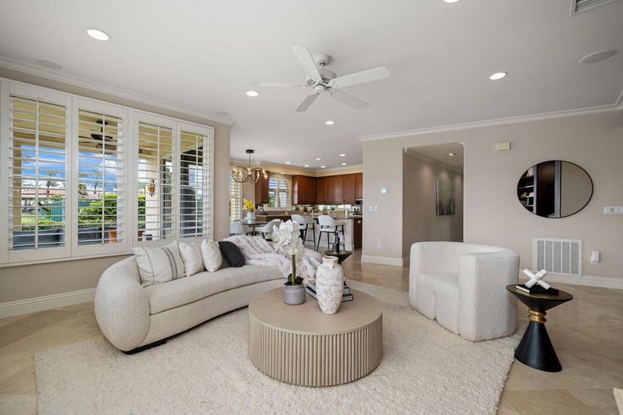 Luxury Condo in Mountain View Country Club, La Quinta, California3 Bed | 3.5 Bath | Prime Golf Course LocationWelcome to your dream desert retreat! This beautifully appointed 3-bedroom, 3.5-bath condo is a rare new listing located on the 9th hole of the prestigious Mountain View Country Club in La Quinta. Enjoy sweeping views of the fairway and green from your private patio in one of the most sought-after locations within the community.Inside, you'll find elegant travertine flooring throughout the main living spaces, complementing a gourmet kitchen equipped with high-end KitchenAid appliances, granite countertops, a spacious island, and stylish bar seating--perfect for both cooking and entertaining.Each bedroom is en-suite, offering ultimate privacy and comfort. The expansive primary suite includes a spa-like bathroom with a soaking tub, separate shower, dual vanities, and a generous walk-in closet with built-ins. Two guest bedrooms each feature private baths, plus there's an additional powder room for guests.Additional features include a large laundry room with a deep utility sink, and a built-in office space tucked away for productivity without intrusion.Located at the end of a quiet cul-de-sac, this home offers both privacy and convenience, just steps from the tennis and pickleball courts.Community Amenities Include:Championship golf courseVibrant clubhouse with fine dining and year-round eventsState-of-the-art fitness center with yoga, Pilates, and spin classesOlympic-size pool with aquatic classes8 meticulously maintained pickleball courts with vibrant organized playTwo Tennis courts just steps away from your condoLive the resort lifestyle in one of La Quinta's most desirable gated communities. Schedule your private tour today!There is a one-time membership transfer replenishment fee paid for by buyer $10,000Condos in Mountain View Country Club are currently being repainted exterior. New colors are fabulous!