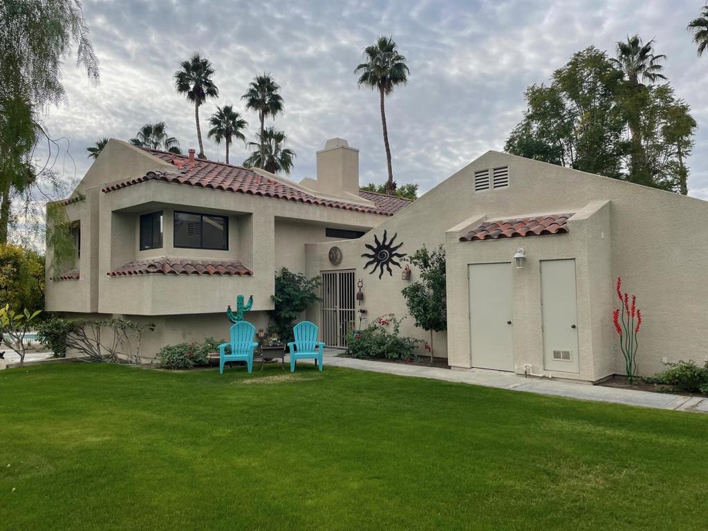 This lovely home with Southwestern decor, located in the prestigious, gated Mission Hills community, offers magnificent, panoramic mountain views from the patio overlooking the spacious community pool and spa. This 2 bedroom, 3 bath home features confortable furnishings and is turnkey accessorized. The home also offers a detached bonus room which can be used as a work space or for guests. Centrally located halfway between Palm Springs and Palm Desert, you have access to the fine dining, shopping and amenities of both communities, including the fabulous El Paseo shopping strip in Palm Desert featuring all of the world recognized brand names. It's also only 5 minutes away from the highly regarded Eisenhower Medical Center offering execptional medical care. Offered as a long term rental, this property is available starting August 1st, 2025. The home is also available for a seasonal rental from October 1st through April 30, 2026. Monthly rent includes utilities with a $250 monthly cap. Call listing agent for availability and pricing. Owner is requesting a 3 month minimum for seasonal rentals.
