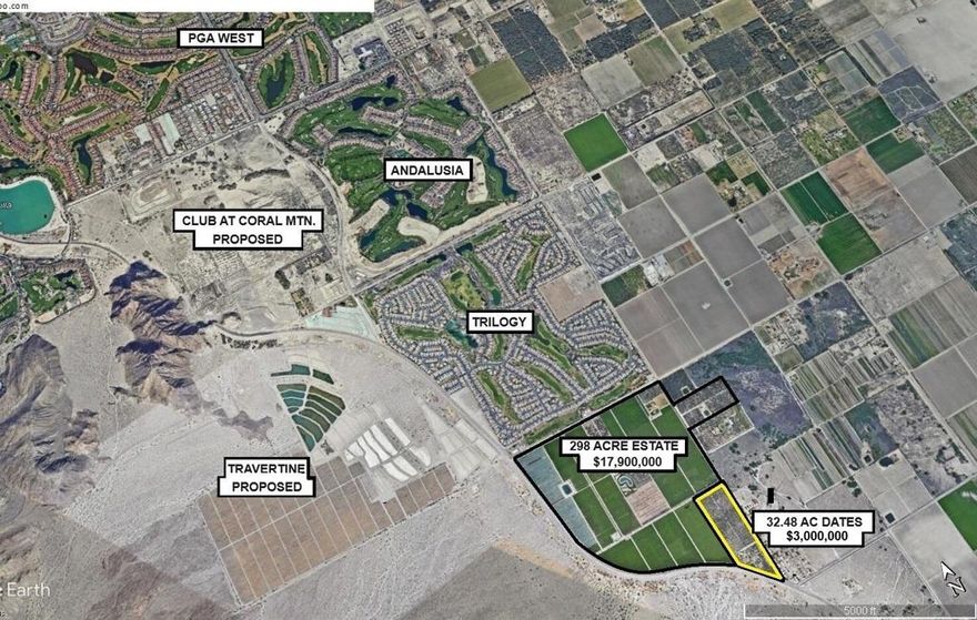 This secluded, premium, organic, date garden has incredible (close up) views of the Santa Rosa Mountains. On the grounds there is a three bedroom two bath home, approximately 2048 square feet. The house is rented for $2000 per month. There is a concrete lined reservoir for efficent irrigation, supplied with Colorado River water. There is a well on the property that provides domestic water for the residence. The date palms consist of 402 adult medjool palms and 250 young medjool palms, plus 898 adult, deglet palms, 277 medium deglet palms and 600 young deglet palms. The zoning is Light Agriculture, 10 acre minimum parcel size, potentially, making it ideal to split the property into three parcels. Additional benifits to this property, are it's vicinity to many high end country clubs such as Andalusia, Triology of La Quinta, The Hideaway, Madison Club and more, All starting at Silver Rock (Talus) located at Ave 52 and Jefferson then trending South all the way to Ave 60.'PLACE' your eyes on the map. Notice the series of development of the high end projects. This is not only a date property and a ranch home, It also has potential for future dvelopment.