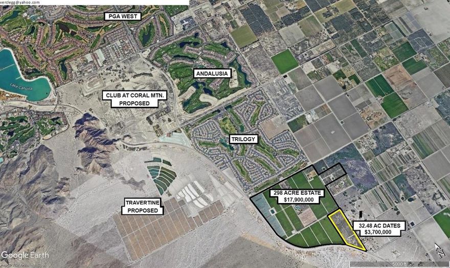 This secluded, premium, organic, date garden has incredible (close up) views of the Santa Rosa Mountains. On the grounds there is a three bedroom two bath home, approximately 2048 square feet. The house is rented for $2000 per month. There is a concrete lined reservoir for efficent irrigation, supplied with Colorado River water. There is a well on the property that provides domestic water for the residence. The date palms consist of 402 adult medjool palms and 250 young medjool palms, plus 898 adult, deglet palms, 277 medium deglet palms and 600 young deglet palms. The zoning is Light Agriculture, 10 acre minimum parcel size, potentially, making it ideal to split the property into three parcels. Additional benifits to this property, are it's vicinity to many high end country clubs such as Andalusia, Triology of La Quinta, The Hideaway, Madison Club and more, All starting at Silver Rock (Talus) located at Ave 52 and Jefferson then trending South all the way to Ave 60.'PLACE' your eyes on the map. Notice the series of development of the high end projects. This is not only a date property and a ranch home, It also has potential for future dvelopment.