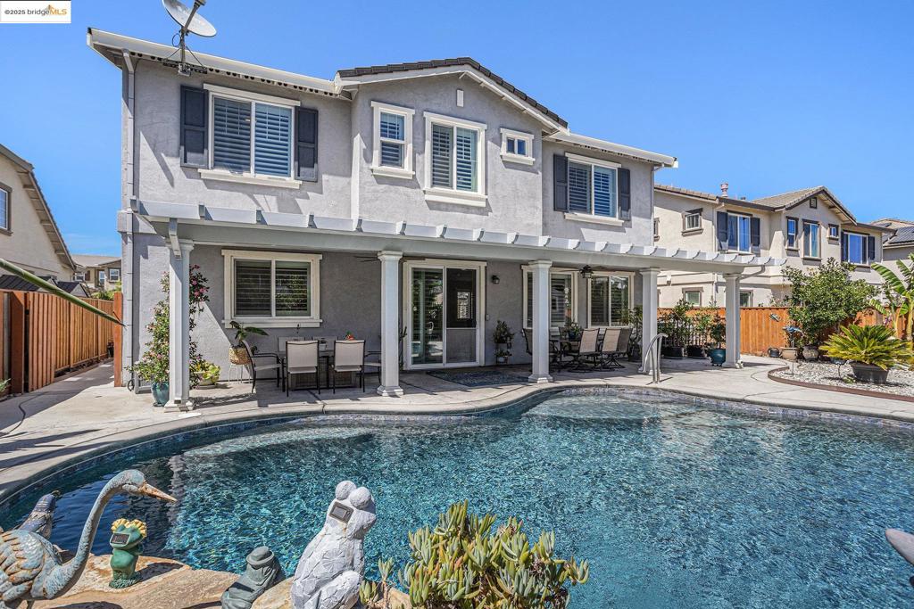 Like-New 2019 Build with Pool in Prime Oakley Location! Welcome to Duarte Ranch Estates, one of Oakley’s most desirable communities! This stunning 5-bedroom, 3-bath home offers 2,768 sq ft of spacious, like-new living—perfectly designed for comfort, style, and functionality. Conveniently located near Hwy 4, it’s ideal for commuters. Step into your own backyard oasis, complete with a sparkling pool with solar heating, upgraded stamped concrete, and a large covered patio—perfect for entertaining or unwinding. Inside, you’ll find: A gourmet kitchen featuring a beautiful oversized island, ideal for cooking, gathering, and hosting Elegant plantation shutters throughout the home for timeless style and privacy A desirable first-floor bedroom and full bath—great for guests or multi-generational living A versatile upstairs loft and convenient second-floor laundry Additional highlights: Energy-saving solar panels Extended driveway parking Storage Shed Pride of ownership throughout This home truly has it all—space, style, and location. Don’t miss out!