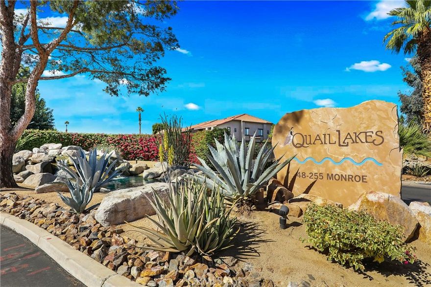 Beautifully Maintained 2-Bedroom, 2-Bathroom Condo in Quail Lakes Community. The primary bedroom features a spacious layout with an en-suite bath and direct balcony access, providing views of the lake and pool area. The high ceilings in the living room create a bright, open atmosphere that enhances the overall sense of space and comfort. The community includes well-manicured grounds with a serene lake, tennis courts, a sparkling pool, and a gated entry for added security. Conveniently situated near the Empire Polo Grounds, home to the world-renowned Coachella and Stagecoach Music Festivals, this property combines relaxed living with easy access to local entertainment and amenities.