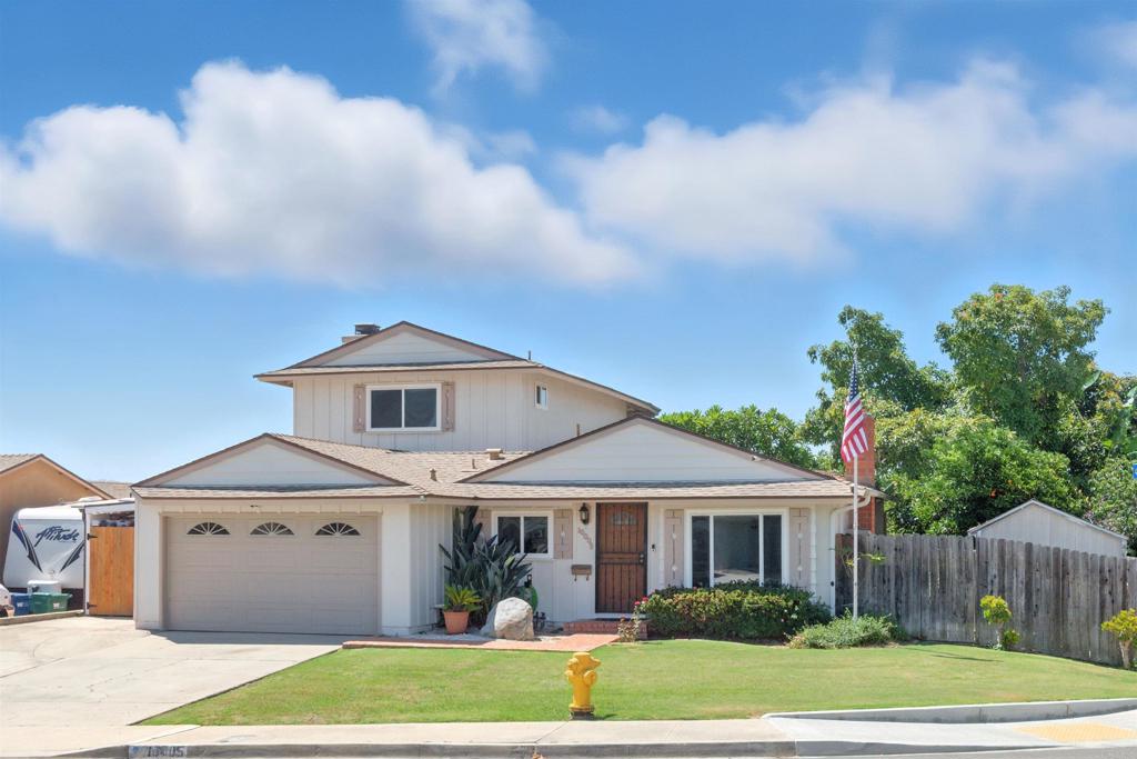 Welcome to your North Santee retreat! This 4-bedroom + private office, 3-bath home offers 2,100+ sq. ft. of flexible living space on a private, elevated corner lot with sweeping views of the Santee Valley. Two full primary suites — one upstairs with its own office/sitting room and one on the main level — make this home ideal for multigenerational living, extended stays, or hosting guests in comfort. The oversized family/dining room flows to a backyard oasis with a gazebo, multiple patios, and an incredible mix of fruit trees: avocado, orange, lemon, persimmon, fig, nectarine, papaya, banana, guava, peach, and plumeria. Perfect for entertaining or simply relaxing at home. Additional highlights include central heat & A/C, energy-efficient windows and doors, and fireplaces in both the living and family rooms. Enjoy a beautifully maintained lawn, a tree-lined neighborhood, and the bonus of no HOA or Mello-Roos — all just minutes from parks, hiking trails, shopping, and dining.