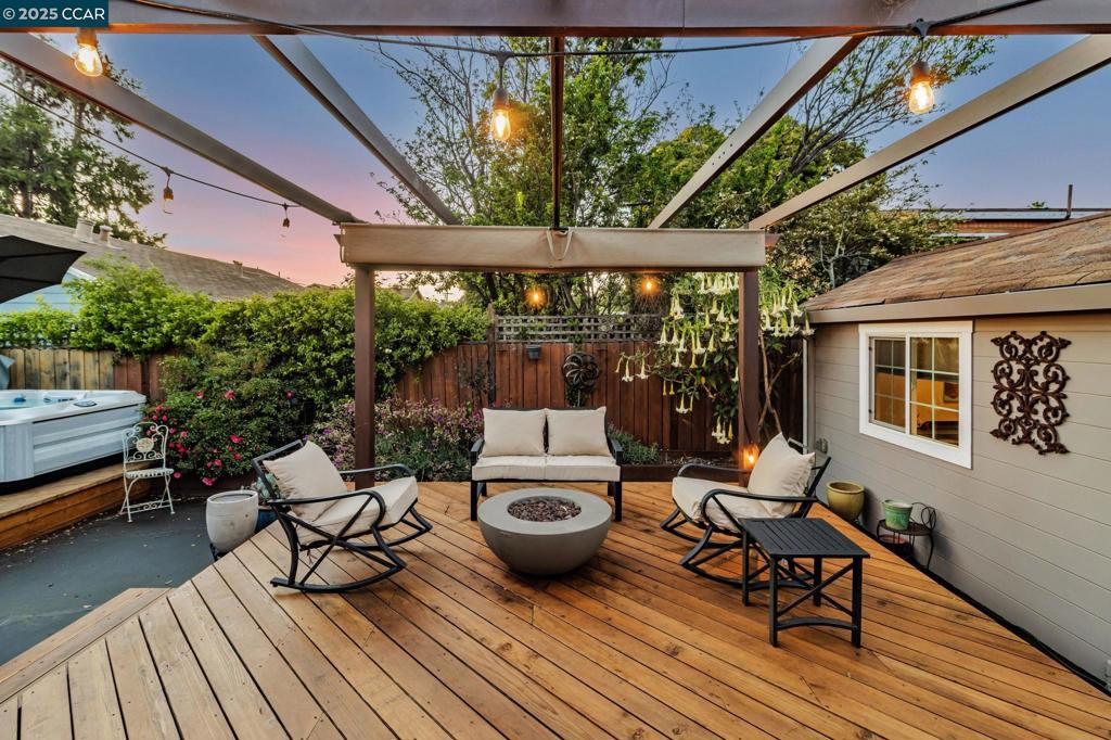 Gorgeous & newly refinished HW floors greet you from the front door throughout. The formal LR & DR lead you into the recently renovated kitchen, offering quartz counters, newer cabinetry & hardware w/ chef's gas range stove & SS appliances. Then the big "wow" enfolds w/ a family room w/ elevated ceilings, skylights & fireplace. The primary BR is enlarged w/ ample closet space. Down the hall is the renovated BA, offering newer vanity, fixtures & shower surround. The guest BR is the perfect space for family w/ a secondary BA & laundry room at the back of the house. Outside the property just gets better. A newly finished hardwood deck & jetted hot tub is the perfect space for friends to gather. The insulated & finished shed/studio w/ plumbed electrical is the perfect overflow space for WFH & the low maintenance, drought-friendly landscaping showcases the best of California native plants. All of this w/ a newly refinished single car garage & a location in Richmond Heights that is ideal. An address that may feed to El Cerrito schools also boasts of easy access to the inner Bay & Richmond Bridge - the perfect balance of work & family. There is so much here to be had. Come & check it out for yourself!