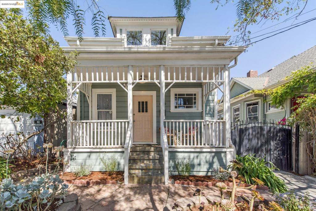 Darling and historic Victorian in the fun and vibrant Clinton neighborhood. First, step onto the dreamy porch – perhaps where you will enjoy coffees, or spend evenings watching the golden hour. In the living room, note the beautiful fir floors and flexible space. The kitchen is comfortable and offers plenty of storage. Sliding glass doors in the kitchen lead to a deck and back yard for eating outdoors and gardening. On this level find a half bath with washer/dryer. Up the stairs are two adorable bedrooms and a full bath. At the end of the long, generous driveway is a detached garage which has been used as a studio/office. Close to fabulous Xotchi Cafe and the beloved Champa Garden restaurant. Check out the Buddhist shrine on the corner (listen to the podcast episode “He’s Still Neutral” on 99% Invisible to learn about this amazing little piece of Oakland history). Less than a mile to the Lake Merritt. https://www.1020e19th.com/