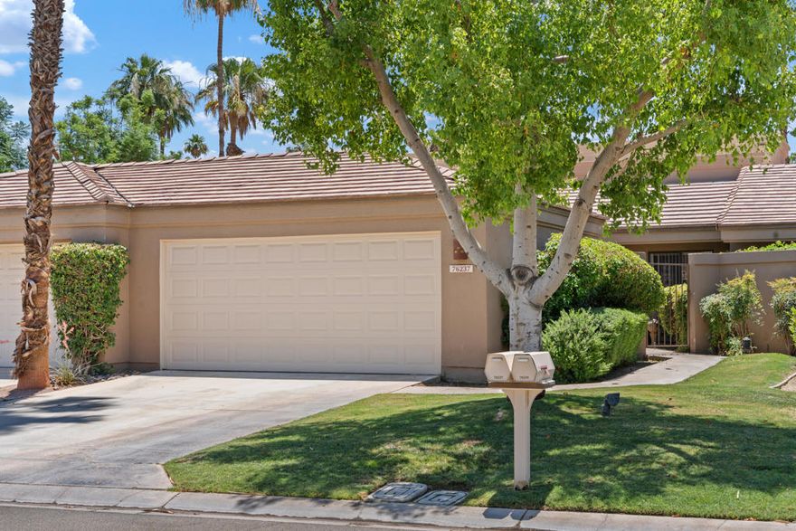 This is a beautifully updated and turnkey furnished residence that even includes a golf cart! Located on one of the best south facing locations in Palm Valley Country Club, overlooking the Championship Course 9th hole. The home is located near the end of a quiet interior cul de sac, making it a perfect hidden gem. Enjoy stunning sunset views with the Santa Rosa Mountains as a backdrop. The private front courtyard is an ideal lounging area. Looming smooth finish vaulted ceilings create an updated bright welcoming interior. There are two bedrooms plus a den, which could be easily converted to a 3rd bedroom, and two updated bathrooms. The lovely primary bedroom opens onto the golf course patio, while the second bedroom overlooks the front courtyard patio. Rich wood cabinets, stainless appliances, wine refrigerator, slab granite countertops, a portable island with plenty of storage makes this kitchen the hub for easy entertaining. The great room, which combines the dining and living rooms, showcases the expansive golf course views. The golf course patio is a perfect spot to enjoy easy indoor/outdoor desert living. Just across the street is one of the community's 47 pools and spas. Short and long-term rentals are welcome. Palm Valley CC features 2 amazing Ted Robinson golf courses, tennis, pickleball, a 100,000 Sq Ft clubhouse with restaurant, bar, huge fitness center, day spa and hair salon. A separate membership is required for golf, tennis, pickleball and fitness center. Prepare to be amazed!