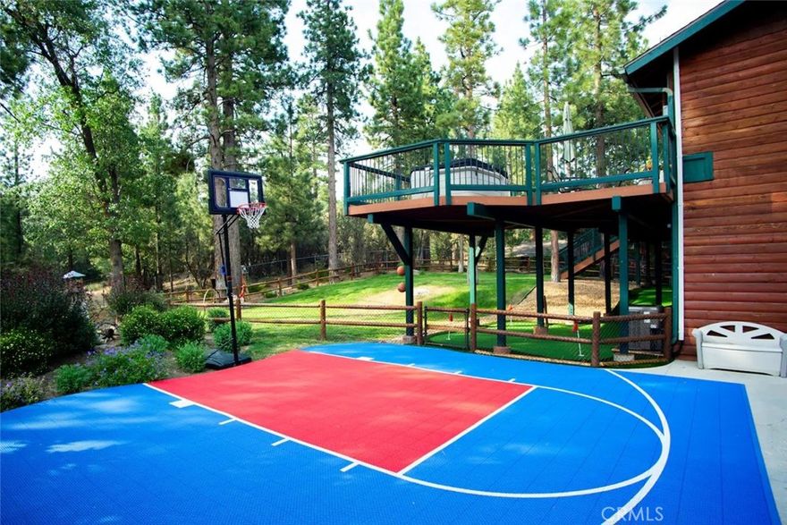 Welcome to our private Big Bear Estate in the much sought after Fox Farm neighborhood with 4,000sqft on 2 heavily treed acres of fenced in private property at the end of a cul-de-sac.  Drive through the wrought iron gate to arrive at the gorgeous log style cabin. This extraordinary luxury property is already running as a successful short term rental with a 4.93 star average on AIRBNB or it can be your families private retreat.  This house has a well on the property so no charge for water and no HOA.  There is also AC and Heaters in the house which is rare in Big Bear.  This beautifully designed and furnished cabin has 5 bedrooms, 4 1/2 baths and sleeps 14 and also has converted the 3 car garage to a game room, added a half basketball court, miniature golf, zipline, jacuzzi and your own private hill for snow sledding. New couches, games, beds, stools and furniture have been added in the past year along with no expense spared with technology you can control from your phone and watch the 5 security cameras, control the door locks, thermostats, smoke detectors, powerful WIFI repeaters throughout the house with 9 Smart TV's throughout the retreat. There are too many upgrades to list them all. Nicely landscaped yard with grass area, sprinkler system, wood fences and close the Lake and Ski Resorts.  You or your guests would never have to leave this 5 star resort!