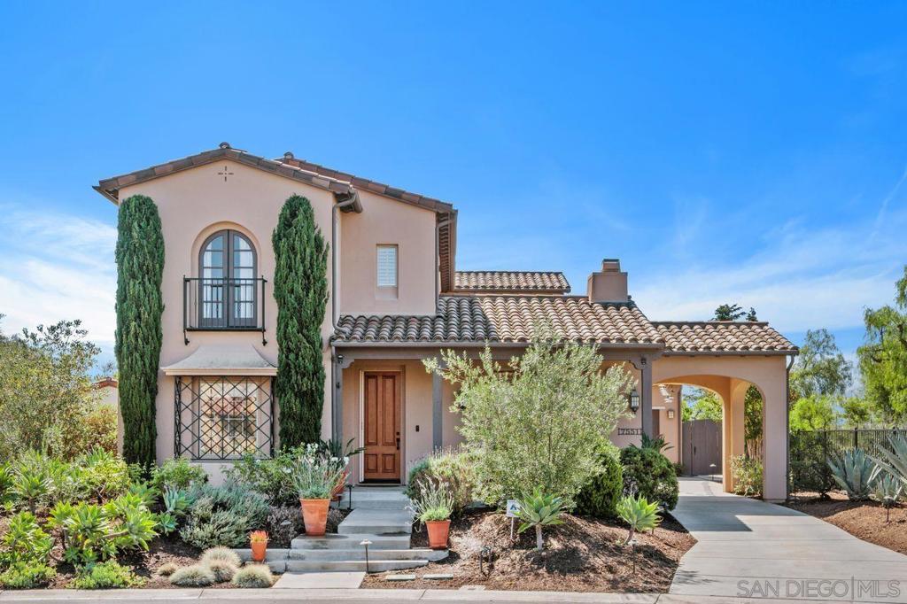 Located in the prestigious community of Santaluz, this Spanish Bungalow offers exceptional privacy at the end of a cul-de-sac street with no direct neighbor on one side and open unobstructed views. With desirable southwest exposure, the home is filled with abundant natural light. The floor plan features a formal living and dining room with a custom wine closet, along with a gourmet kitchen that opens to the family room for seamless entertaining. A full bedroom and bath on the main level provide flexibility for guests or multigenerational living. Elegant details include refinished hardwood floors, crown molding, plantation shutters, arched doorways, and custom window treatments. Enjoy three fireplaces throughout—in the living room, family room, and outdoor patio. The backyard is ideal for both relaxation and entertaining, complemented by a spacious side courtyard with room to gather, play, or park. Additional highlights include fully owned solar and location within the award-winning Poway Unified School District. Santaluz offers a resort-style lifestyle with world-class golf, miles of walking, biking, and hiking trails, guard-gated entry, parks, clubhouse, spa, restaurants, and more. (Club membership is available separately through Santaluz.)