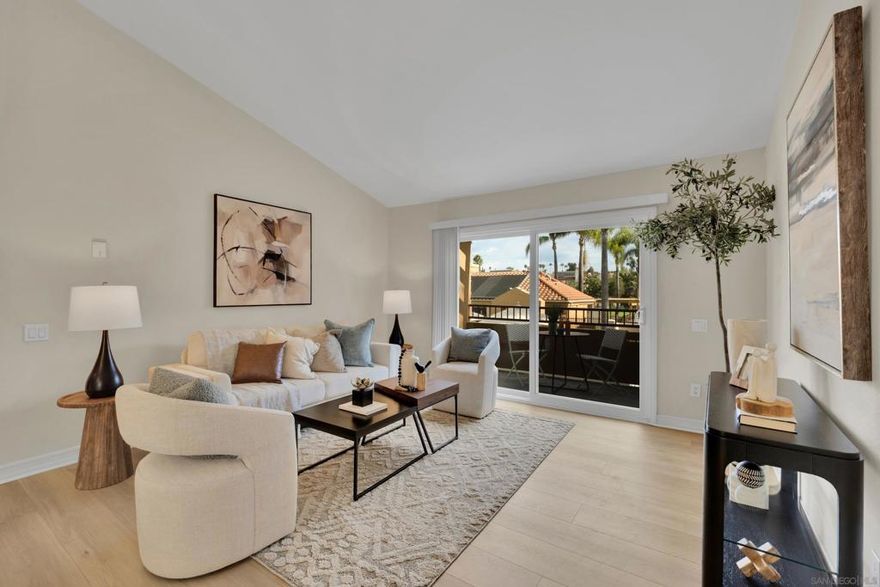 Welcome to Villa Taviana, a serene top-floor 2-bedroom condo located on the quiet side of the complex in the award-winning Poway Unified School District. This beautifully updated home features soaring vaulted ceilings, newer windows, and brand-new luxury vinyl flooring throughout. Enjoy resort-style amenities including a sparkling pool, fully equipped gym, stylish clubhouse, and tennis court. HOA covers water and trash for added convenience. With modern upgrades and peaceful surroundings, this condo offers the perfect blend of comfort, style, and community living.