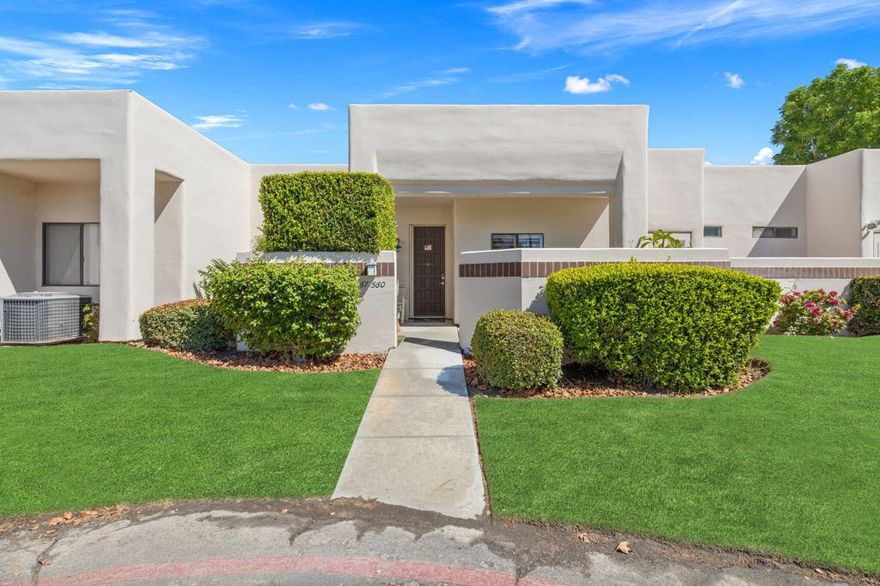 Highly sought after Alameda model at a great price! This condo has 2 primary suites and is a 2 bed / 2 bath unit with golf course view. Very light & bright with tall ceilings and newer laminate flooring in kitchen & living area. The kitchen has newer Stainless Steel appliances & a Farmhouse sink. There is a nice breakfast bar for additional seating. The living area is spacious and has great views of the golf course. The Bedrooms are both en-suite and very spacious with plantation shutters, and they have sliding glass doors that lead out to the huge covered back patio. The bathrooms have been beautifully remodeled with walk in marble showers, double vanity sinks & large walk in closets with built in shelving. There is a large stack-able washer & dryer inside the Condo. You can relax and enjoy bbqing while taking in the beautiful sunsets on either of your patios. Lots of outdoor living space! There's is a detached one car garage for parking or extra storage. The pool is just steps away. You'll be located just a couple of minutes by golf car from the clubhouse as well as the tennis, fitness and spa facilities. Plus it's just a minute from the side gate making entrance and exit from the club quick and easy. Desert Princess has 33 heated pools, a 27 hole golf course, 9 tennis courts, pickleball, bocce ball, fitness center, spa and an updated Clubhouse. Desert Princess is located just minutes from Palm Springs airport and has no flyover noise. Additionally, it is typically less than 15 minutes from the downtown Palm Springs!