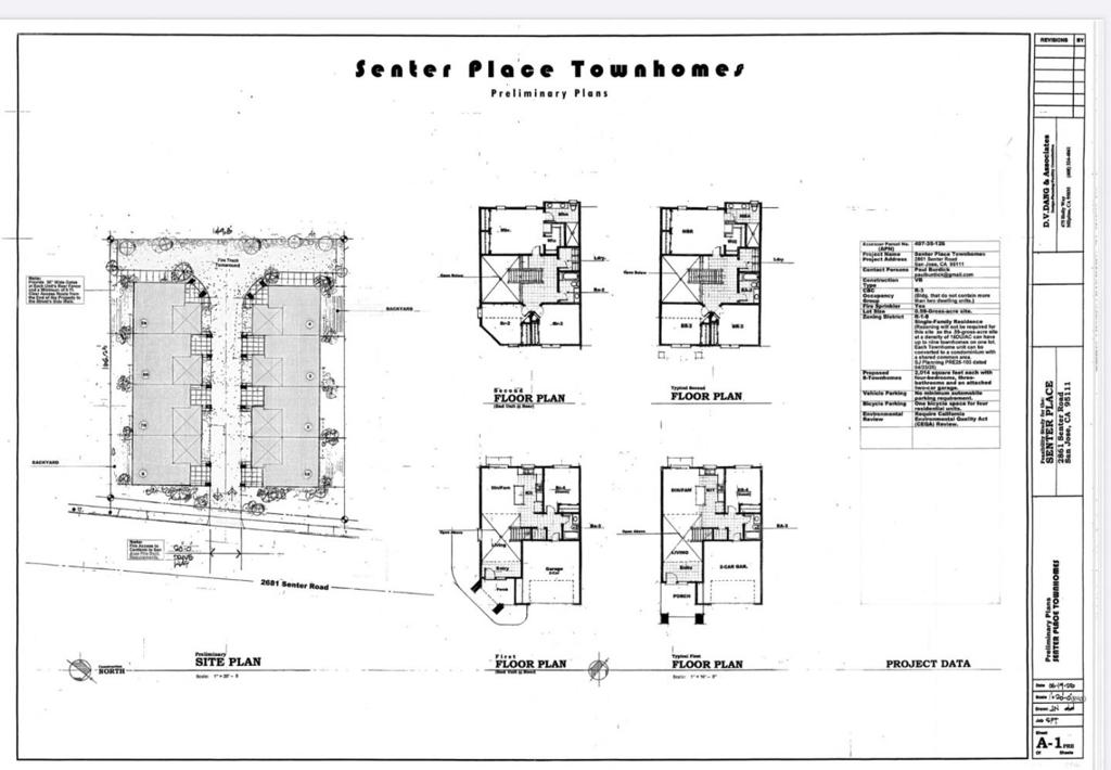 Great development project! San Jose Planning has reviewed the plans for 8 large townhomes with 2 car garages and back patio. The existing house and large garage need to be removed prior to site work. This nice residential neighborhood is adjacent to large convenient shopping center.