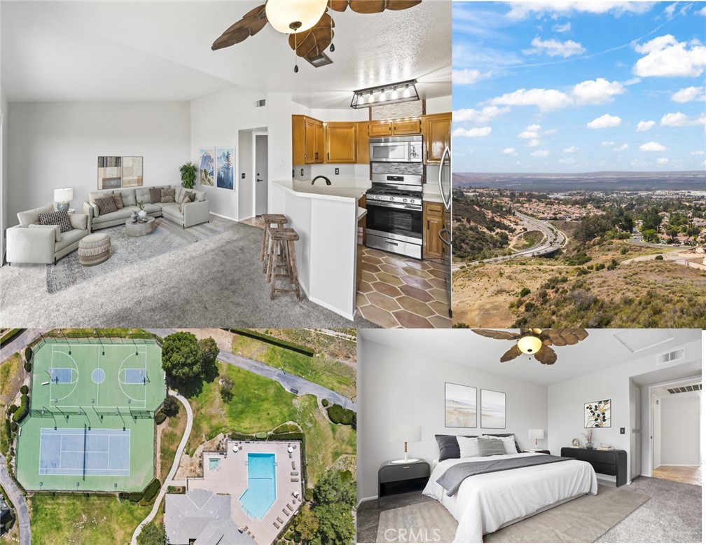 SELLER FINANCING AVAILABLE- 5% FOR 3 YEARS AMORTIZED OVER 30 YEARS- LIMITED OFFER
MILLION DOLLAR VIEWS OF THE VALLEY- STUNNING CONDO with UNMATCHED VIEWS in CROWN VILLAS!
Welcome to Crown Villas—where sweeping mountain and city views meet elevated, modern living! Tucked away in the serene foothills of the Cleveland National Forest, this stylishly upgraded condo is the perfect escape for those who love nature, luxury, and convenience. Major Vibes Inside – Freshly painted throughout with warm, inviting tones. New modern lighting adds the perfect ambiance, while the rainfall shower head turns your bathroom into a spa-like retreat. New cabinet pulls add a sleek finish to the open-concept kitchen. Vaulted ceilings and newer flooring give the space an airy, sophisticated feel. And yes—private indoor laundry with stacked washer & dryer makes life that much easier. Step Outside, Stay Inspired – Watch sunsets melt over the skyline from your private balcony, or hit the nearby hiking and wilderness trails just minutes away. Resort-Style Living – Enjoy access to a sparkling pool, relaxing spa, fitness center, tennis & basketball courts, a dog park, and lush green open spaces. Whether you're soaking in golden hour views or starting your morning with mountain air, this place hits different. Centrally located near shopping, dining, top-rated schools, golf courses, and the Santa Ana River—this is more than a home; it’s a lifestyle.