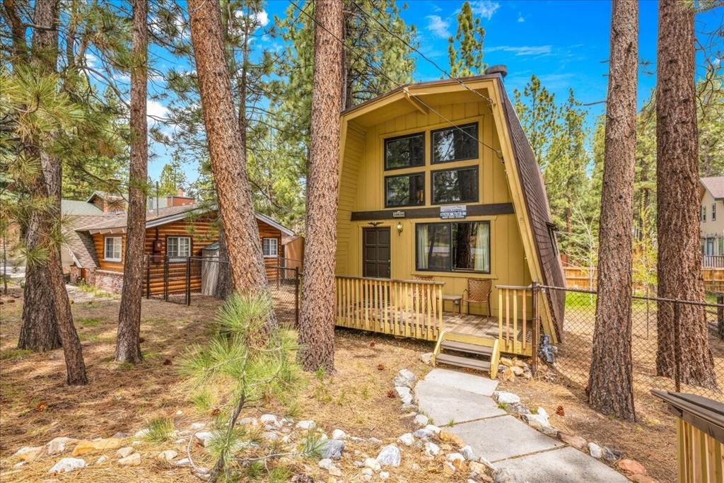 Circa 1977, a local developer sets out to build 'A-Frame Homes' with 4-sided roofs called Gambrels (flat-top vs peaks) ...he is rumored to have built ~44 within the Big Bear area, and this one was lucky enough to have been built on an oversized lot full of mature trees right in the heart of Gilner Point! Location, location, location. Gilner Point being one of three peninsulas that protrudes into the lake. So yes, this home is nested within a great community of huge old-growth pines, quiet streets, and endless lake waters nearby ...walk in any direction, water... of course, or head to The Village, The Marina, or the many restaurants, shops, skiing, etc ...it's all nearby! 4th of July with neighbors at the waters' edge, so much fun! Now about the home, yes only two owners -true, the first preserved the '70s yellow & orange shag carpet and all the wonderful wood everywhere for 40 years, yup even a few sheets of wood paneling still exist today -groovy baby! Then the second owners, they kept the shag carpet on the stairs to the loft/bedrooms, so cool, and yes, the incredible orange floating fireplace still commands the living room, as it should! However, everything else has been upgraded for modern times. Newer roof system, dual-pane windows, natural gas furnace & hot water, all the appliances, and even the flooring throughout, now wood-grained vinyl. Pretty much, everything has been upgraded within the past 2-8 years. So this home offers a little taste of old world charm, yet all the modern amenities you would expect today! And did we mention this home is offered turnkey, so lots of goodies also included. Plus a few fun things; the kayaks, bicycle, games, etc -all included. This home has an enclosed lower basement/crawlspace ~351 sq ft for storage of the tools and the toys! So we have a great location, a wonderfully upgraded home, and a few goodies to offer :). Come see this home for yourself, come see us today!! Btw, one last note, while this home has been primarily a second home for fun, it has also been a registered rental home through Cool Cabins, with average gross receipts of over $12K per year, per the past 5 years. Nice little revenue stream is possible too.