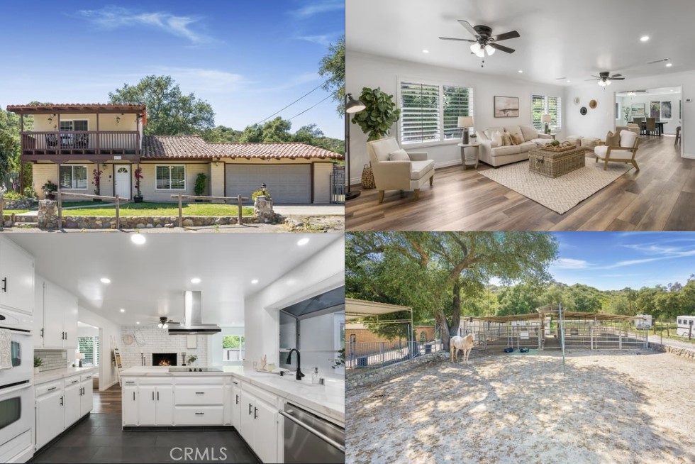 MORE FOR YOUR MONEY HERE! Beautiful 18,000+ sq ft Horse Property in Orange County! MAIN HOUSE with 3 Bedroom 2 bath and GUEST HOUSE with bath for a total of 4bd/3ba. The adjoining lot has a paddock and 13 stalls that consist of 3 box stalls and 10 pipe stalls with a breezeway. There is also a tack room, a grain and hay room and an additional locking storage room. TEN+ parking spaces, a couple covered spaces, PLUS 2-car garage. Adjacent to riding trails and open spaces, this property is perfect for equestrians and nature lovers alike. Located just minutes from "the city" this improved horse property features multiple lots and is nestled amongst rolling hills and oak trees. This pretty 2-story home boasts an oversized ground floor primary bedroom, a spacious living room, completely remodeled open concept kitchen and dining room with a real wood-burning fireplace with raised hearth. On the second level you'll find two additional bright sunny bedrooms and a gorgeous upgraded bathroom. There is also a great balcony with mountain views, perfect for morning coffee and waving to the equestrians sauntering by. In the backyard, tucked in the corner and draped in bougainvillea is a sweet little casita/guest house/ADU. If you enjoy entertaining, you'll love the sizable yard with built in barbecue and the wonderful covered patio with ceiling fans, beautiful brick arched patio windows and Saltillo tiles. Rare turnkey horse property at end of lane/corner lot. Plenty of parking and room for RV. Low Tax Rate, NO HOA, NO Mello Roos.