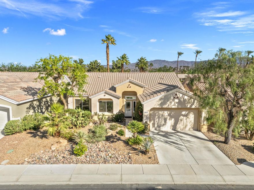 55+ Sun City Palm Desert. Del Webb's ''BEST Bang for your Buck'' Active lifestyle resort community in the whole Coachella Valley and beyond! This popular GREAT ROOM Montego model had 2 bedrooms and 2 baths PLUS a perfect area for an office with a view! Great location in the heart of the community located between the Mountain View and Sunset View clubhouses. Extended covered patio with stunning panoramic golf course and mountain views. NEW HVAC in 2025 (12,0000.00), Luxury vinyl flooring, carpet in bedrooms, new large view window and sliding door in living room, recessed lighting, new ceiling fans. Inside, kitchen wall removed to create an amazing great room and views to the golf course. The kitchen features quartz countertops with backsplash, stainless appliances, gas range, 2 year old refrigerator, breakfast nook and counter bar. The living room has custom wall for large TV, new large window for maximum views. The spacious master bedroom is extended with a French door access to the backyard. The bath has double vanity, painted cabinets, stall shower and large walk-in closet. The guest bedroom and bath are on the opposite side of the home for extra privacy. The open den/office is part of the great room and has a view too! There is a separate laundry room with washer and dryer included. The 2 car garage is extended with storage cabinets. Lush desert landscaping and newer landcape lighting. Now for the best part! The north facing patio with built-in BBQ, firepit, putting green and sitting areas for relaxing and entertaining for the holidays. ''Buy Where you love to Play...Sun City Palm Desert!''
