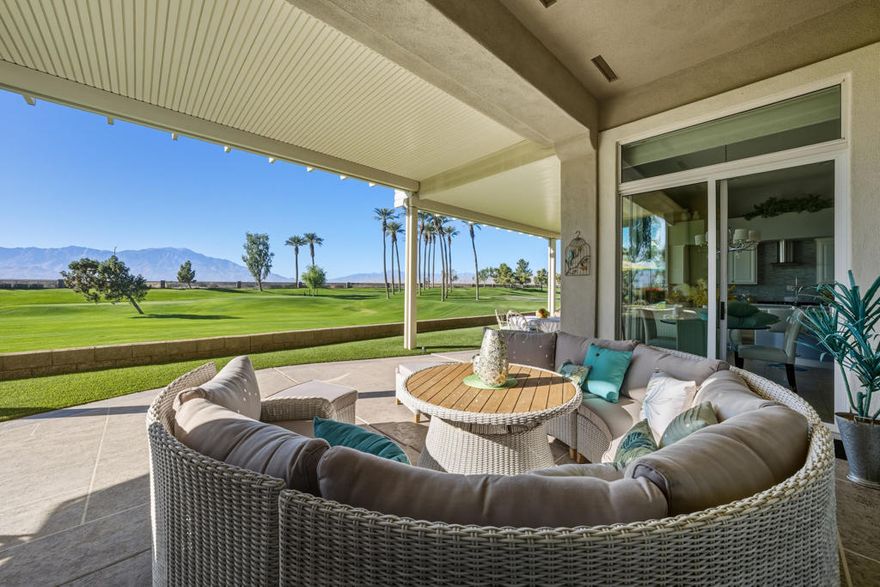 Sun City Palm Desert - Marseille. This highly sought-after estate model has been extensively upgraded inside and out. The elevated, west-facing rear yard overlooks the golf course and delivers unobstructed panoramic views of Mount San Jacinto, San Gorgonio, and the Santa Rosa Mountains. Exceptional curb appeal is highlighted by an updated exterior paint scheme, decorative hardscape and driveway, stacked-stone accents, lush landscaping with artificial turf, and glass doors leading to a private courtyard. The mountain views continue from the extended decorative concrete rear patio, surrounded by mature desert landscaping, artificial turf, and an alumawood patio cover--ideal for outdoor living and entertaining. The private courtyard serves as a true retreat, featuring an expansive decorative concrete patio and a saltwater pebbletec spa with cascading waterfall. Abundant windows throughout the home capture natural light and showcase mountain views from the courtyard, greatroom, kitchen, and primary suite. French doors open from the courtyard into the main living areas, where 12-foot ceilings enhance the foyer, great room, and kitchen. Plantation shutters are featured throughout except where electric solar shades are on the greatroom and kitchen view windows. The greatroom includes a gas-log fireplace, creating a warm and inviting atmosphere. The chef's kitchen is appointed with quartz countertops, a glass-tile backsplash, stainless steel appliances, extended raised-panel cabinetry with pull-out shelves, and a large center island. Adjacent to the kitchen and great room is a formal dining room with 24'' x 24'' tile flooring and upgraded lighting. Double doors lead to the spacious primary suite, offering 12-foot ceilings, French doors to the courtyard, 24'' x 24'' tile flooring, and a generous walk-in closet with custom built-ins. The en-suite bath features dual sinks, an oversized soaking tub, and a rimless glass walk-in shower. On the opposite side of the home is a well-appointed guest suite with French doors opening to the courtyard. A detached casita provides additional private guest accommodations, complete with a wet bar and large walk-in closet. The garage features an epoxy flooring and air conditioning, completing this exceptional desert retreat.