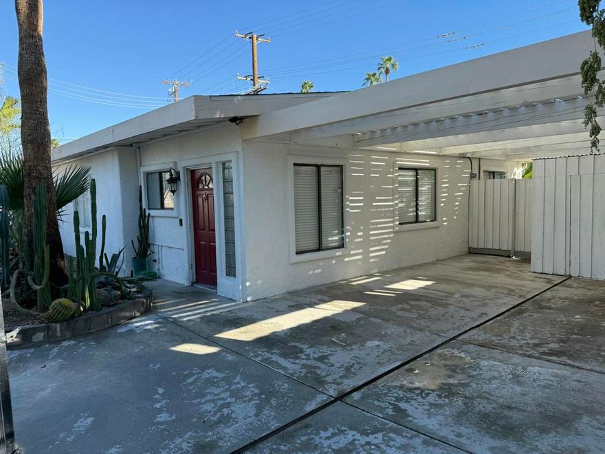 This one is technically a duplex- 3 bedroom-2 bath- main, with a 1 bedroom/ 1 bath attached apartment.   Currently, the apartment is rented but can be delivered vacant at close.  Kitchens and baths are updated, pool and spa resurfaced.  Great income property or live/rent space.  Quiet cul de sac, off-street/ carport parking for both units.
