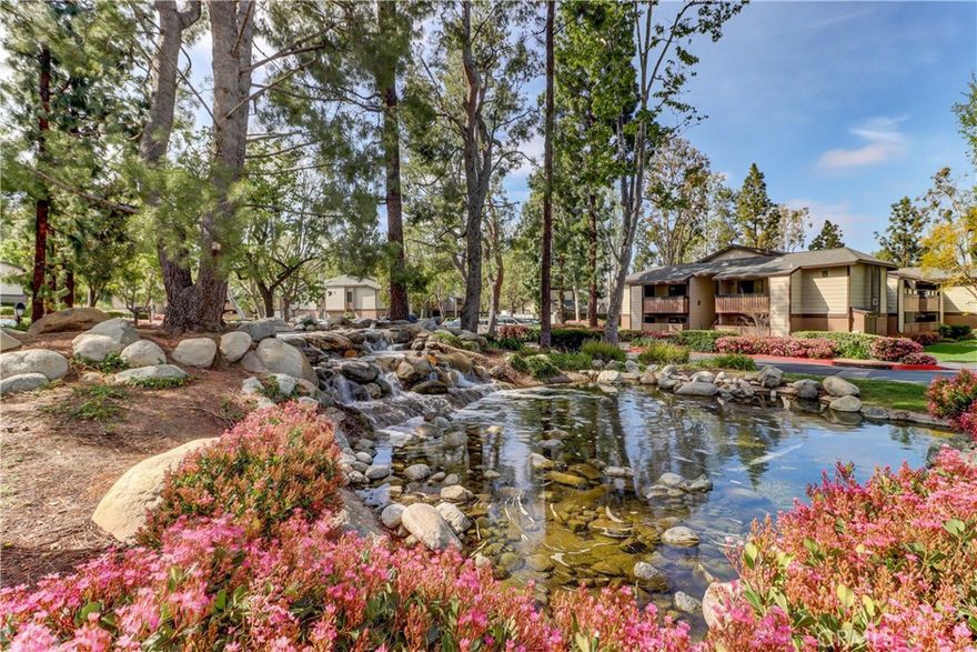 Welcome to Pheasant Creek! Nestled in the heart of Lake Forest, this beautifully remodeled ground-floor 2 Bedroom / 2 Bath end-unit condo offers the perfect blend of comfort and serenity. Enjoy the tranquil sounds of running streams and the lush, rustic landscape surrounding this peaceful community.

Step inside to find a completely updated interior featuring luxury vinyl flooring, quartz countertops, custom-painted walls and ceilings, upgraded baseboards, recessed lighting, and remodeled bathroom vanities, sinks, and toilets throughout. The spacious kitchen shines with stainless steel appliances, including range with hood, dishwasher, sink, and garbage disposal. The open-concept living and dining area creates a bright, welcoming space, while both bedrooms feature en-suite bathrooms—one complete with a Murphy bed for added functionality. Step out to your private patio and relax to the soothing sound of the creek just beyond your door.Additional highlights include washer, dryer, and refrigerator, plus assigned covered parking and guest spaces. The HOA covers water, trash, and common area maintenance.Enjoy resort-style living with three community pools, a spa, tennis courts, and scenic walking paths around ponds and fountains. Conveniently located within walking distance to shops, restaurants, and hiking trails — this move-in ready home truly has it all!