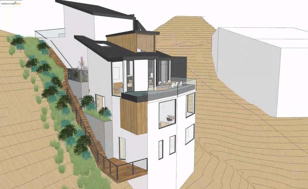 Downslope with direct views of downtown San Francisco. Design review approved plans. The next step is construction drawings for a building permit.