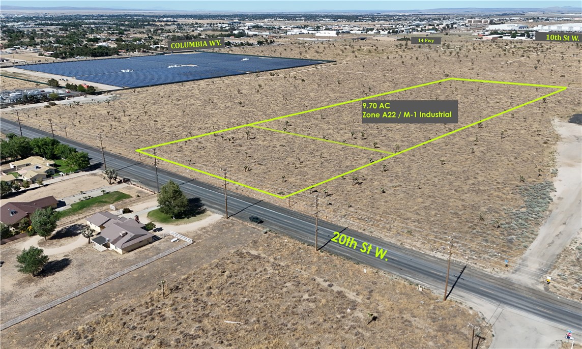 APN: 3111-012-003
Coordinates: 34.639806, -118.165111
Estimated 2 Frontage acres on 20th St W. is Zoned A22 Heavy Agricultural and the back 7.70 Acres Light Industrial for sale in LA County. This parcel is located in Lancaster, CA near the intersection of 20th Street W and Columbia Wy, it has frontage on 20th St W, a paved street, Right off the 14 Freeway, . Excellent location and price for an A22/ Industrial lot this size.