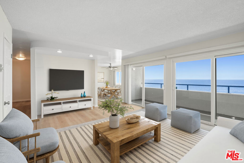Rare opportunity to lease a top-floor front unit set back from PCH offering unobstructed 180-degree ocean and coastline views. This 2-bedroom, 2-bath home features a spacious deck perfect for enjoying sunsets and sea breezes. Inside, you'll find wood flooring in the hallway, carpeted bedrooms and living room, an in-unit washer and dryer. The dining area includes a large ceiling fan overlooking the granite kitchen w/ stainless steel appliances. Primary bedroom w/double sinks and shower. Second bedroom with tub and shower. Large sliders throughout to enjoy stunning ocean views. Located in a quiet 20-unit building between Sunset and Topanga, with easy access to Santa Monica, Downtown LA, and Woodland Hills. Enjoy proximity to local favorites like Gladstones and Maestro's Ocean Club, plus an included anytime pass to the Getty Villa for added lifestyle perks. Two secured parking spaces included.