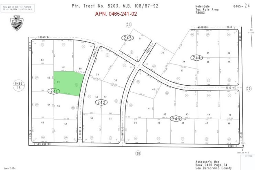2.36 Acres (APN: 0465-241-02) GPS: 34.71354, -117.45211 This 2.36 acres and is located north of Adelanto, CA. The County of San Bernardino has zoned the property Rural Living- 5 Ac Minimum. According to the County this land use designation zoning district provides for single family homes on 5 acre lots. Residential electricity is approx 0.3 miles west. Residents in the area have private water wells and septic tanks for their needs. Nearby Lots also for sale. Quite a bit of property in the area is managed by the Bureau of Land Management (BLM). The BLM is a government agency that manages public lands for a variety of uses for the enjoyment of present and future generations. Approximately 11 million acres, of its 25 million acres, is protected and preserved as the California Desert Conservation Area. These public lands and off road trails can be used, per the BLM rules. This property does not yet have an address. While the boundary lines on the map offer a glimpse, they are only approximate. A Buyer should verify boundaries, zoning and utilities, ensuring every aspect aligns with their vision for the property.