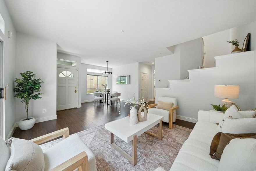 One of the most serene neighborhoods in Sunnyvale, the Traditions community is surrounded by soaring trees & loads of greenery! This spacious End Unit Townhome truly feels like a Single Family home, rare to find this much space in a townhome! Largest floor-plan in all of Tasman Crossings! Tons of natural light shine through large end unit windows, skylight & sliding doors! Refreshed townhome w/new carpets, new warm paint throughout, upgraded Kitchen and more! Living Rm / Dining Rm combo w/access to 1st private balcony, Family Rm off Kitchen w/gas fireplace. Gourmet Eat-In Kitchen w/white cabinets, quartz counters, large pantry, breakfast bar and nook w/access to 2nd private balcony! Oversized Owners suite w/WIC, dual sinks, separate tub & shower. Spacious 2nd & 3rd beds w/large closets. Extra Bonus Rm located downstairs, great for home office or entertainment area. Attached 2 Car garage! Central A/C & Heat. HOA includes: Community Pool & Spa, Water, Garbage, Earthquake Insurance & more! Short walk to SevenSeas Park, VTA, Grocery & coffee! Short drive to newly built Downtown Sunnyvale w/loads of dining, shopping & entertainment! Near 101, 237, 85! Minutes from major corporations such as Apple, Google, Nvidia, Meta, Microsoft & Amazon. Don't miss out, loads of nearby development!