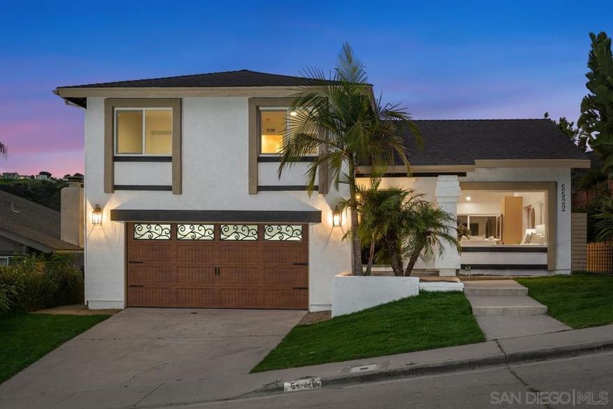 Welcome to this stunning freshly renovated home nestled on the canyon rim in the heart of West University City. From the moment you arrive, you’ll notice fresh exterior paint, a stylish new garage door, and lush green landscaping that set the tone for what’s inside. Step into a bright and open-concept living space featuring vaulted ceilings, sleek modern ceiling fans, and dramatic black wood beams. The warm-toned luxury vinyl plank flooring flows seamlessly throughout, complementing the crisp white walls and updated baseboards. The cozy living room fireplace adds a perfect touch of charm. The kitchen and dining area flow effortlessly into the expansive backyard — ideal for entertaining or enjoying panoramic bluff-side views and iconic sunsets over Mt. Soledad. All bathrooms have been tastefully remodeled with custom tile work and clean modern finishes. This home effortlessly blends comfort and style with a layout perfect for family living or hosting guests. Features that make this home special include a thoughtfully updated interior with high-end finishes; vaulted ceilings and abundant natural light; expansive patio with breathtaking canyon views; new modern fixtures and finishes throughout; and a spacious 2-car garage. Ideally located, you are just minutes from Rose Canyon Open Space Park, the highly rated Standley Middle School and Curie Elementary, and the soon-to-be-completed UCSD Blue Line trolley extension for easy access to downtown. Enjoy convenient access to La Jolla Shores, Westfield UTC, Nobel Athletic Fields, and countless local favorites like Leucadia Pizzeri