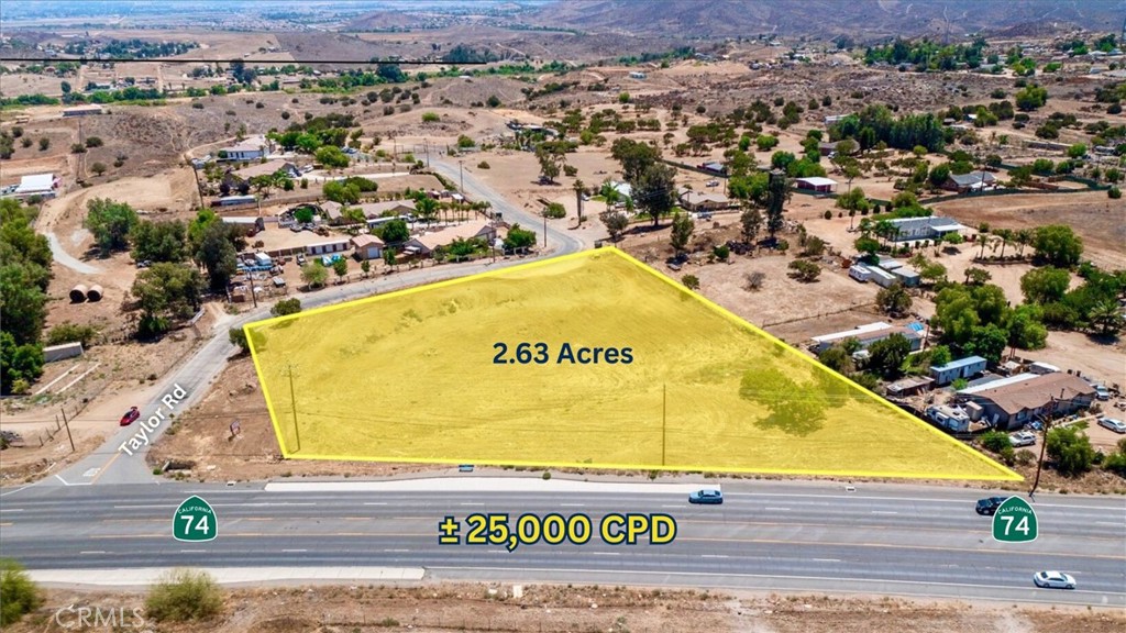 Prime 2.63 Acre Commercial Parcel on State Highway 74. This property has HIGH VISIBILITY with traffic counts exceeding 25,000 cars per day on the highway. Great potential for businesses as the land use designation for the county of Riverside shows COMMERCIAL RETAIL (CR). This property is also flat and easily developable. Very convenient location for businesses and commuting as you are on the main highway and can get to Riverside, Perris, Moreno Valley, Lake Elsinore and other cities very quickly, as well as a few minute drive from the 215 FWY and 15 FWY. You also have DUAL ACCESS points for ingress/egress for work vehicles, customers etc via Taylor Rd on the backside of property. WATER UTILITIES are readily available on both Hwy 74 and Taylor Road with EMWD, as well as edison POWER POLES existing on the street. Ideal for retail, service businesses, or commercial strip centers, this site presents a rare opportunity to capitalize on a high-traffic corridor in a rapidly growing market. Buyers to satisfy themselves as the the validity of any and all marketing information.
LAND USE DESIGNATION MAP is downloadable in Supplements.
APN#: 345-060-060