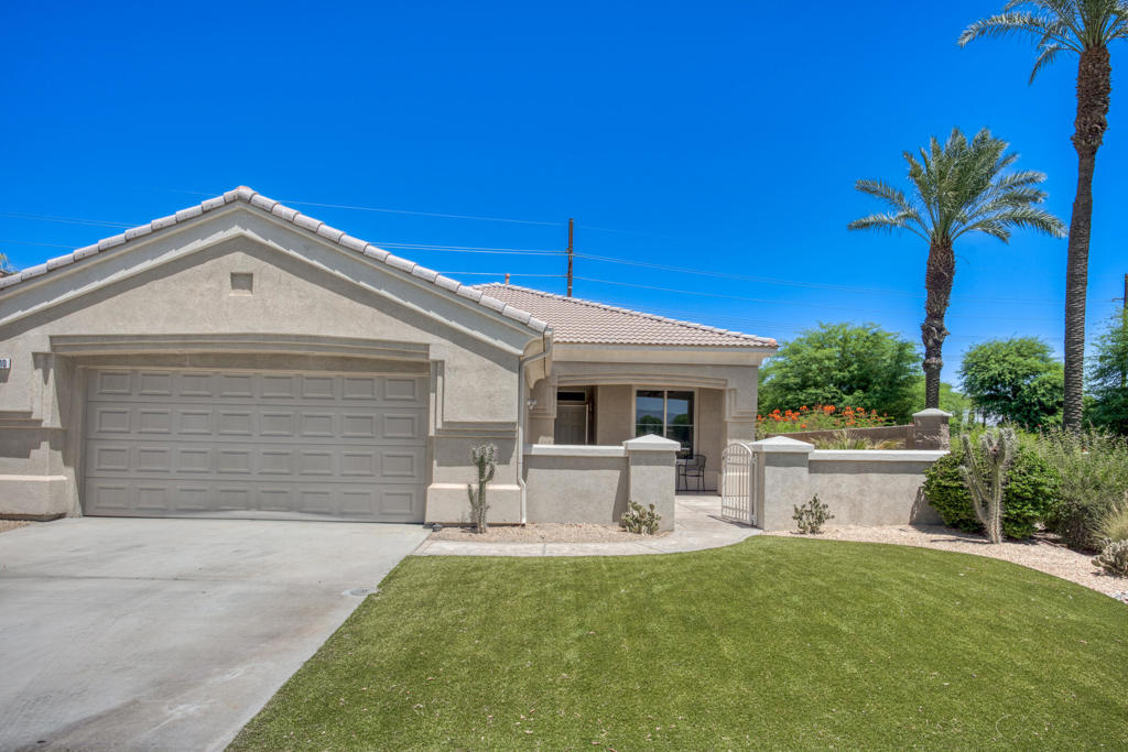 Clean, bright, all new interior paint and ready for move in! Experience resort-style living in this 2-bedroom, 2-bathroom plus a den/office with new AC installed in 2023. Open floor plan, spacious entrance, high ceilings, great kitchen flow and filled with natural light. New luxury vinyl plank flooring in the office/den adds a modern touch. Excellent location within Heritage Palms Country Club! Very close to the club house, golf cart paths, and entrance/exit gate for easy access to enjoy activities and luxury. The large front patio and courtyard offers stunning views of the 18-hole golf course, designed by Arthur Hills and often referred to as the ''true gem of the desert.'' The property is adjacent to only one other home and the open space across the street gives it a more private feel. A pre-listing inspection has been completed, with all items addressed, ensuring a move-in ready experience.Residents of Heritage Palms Country Club enjoy access to amenities, including tennis and pickleball courts,indoor and outdoor pools, a fitness center, and a 32,000-square-foot clubhouse featuring a ballroom, library, and billiard room.