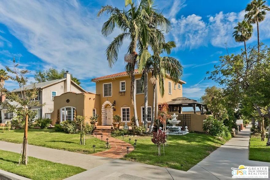 This stately Grand Dame is located in The Casa Verdugo Historic District, one of the finest neighborhoods in Glendale.  Built in 1924 this spacious Mediterranean Revival home is situated on a sweeping corner lot with a commanding street presence that is sure to impress.  Enter through the formal entry with italian marble tile flooring and you are greeted by a sweeping staircase, a grand living room with Batchelder tile fireplace and cove ceilings. The large formal dining room will accommodate your large gatherings.  A bright and sunny breakfast room with hand tiled mosaic flooring is adjacent to the recently remodeled gourmet kitchen.  The main floor features a powder room, a large primary suite with an updated bathroom and walk in closet, on the upper level you will find 3 spacious bedrooms and one large bath.  Step out onto the terrace ovelooking the pool and spa along with a beautiful covered patio with a fireplace for outdoor entertaining.  Other features include 2 detached permitted ADUs, each with a bath.  The separate pool house with a half bath was originally permitted as chauffeurs quarters alongside the two car garage.  These 2 extra spaces could provide steady rental income to offset your costs. The finished garage has a brand new epoxy floor. This home will be great for an extended family with a potential to be used as a six bedroom home or possible rental income. Other upgrades added to this classic Villa are almost too much to mention. Just of few of those include. Owned solar for low electric bills, Subzero appliances, solid wood maple cabintry, pasta pot filler, Brazilian Dolomite counters, electrical upgrades, Heated Italian marble floors, surround sound, new hardwood floors in living and dining room, recently resurfaced pool,crown mouldings custom chandelier surrounds, new flat roofs installed in 2024 and the list goes on...  Don't miss out on your chance to own a magnificent classic 1920's character home in this prestigeous historic neighborhood. Bulit in 1924, upgraded with modern amenities yet retaining many historic features. High contributing property to Casa Verdugo Historic District. Recognized by City of Glendale as prime example of Mediterranean Revival style.
