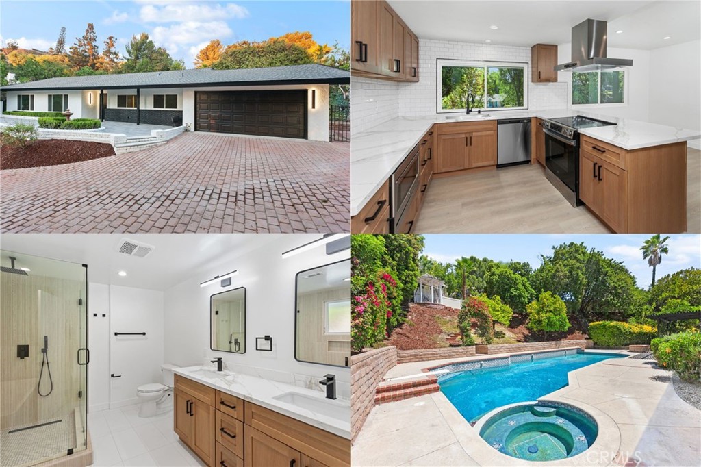 Newly REMODELED (2025) THOUSAND OAKS POOL home. Bright and spacious open concept floor plan with approximately 1,620 sq. ft. of immaculate living space. Exterior Front - Freshly painted, Charcoal concrete tile entry, New contemporary front door with fogged glass insert, New door hardware, Dual pane windows, Lush landscaping, Colorful raised brick planters with manicured foliage, Soaring shade trees, Sweeping stamped concrete driveway. Interior Throughout - Bright and flowing open floor plan, Freshly painted, Smooth ceilings, Dual pane windows, New LED recessed lights, New door casings, New door hardware, New Decora light switches and outlet, New base moldings, New Lighthouse Collection Color NUB laminate flooring, Copper plumbing. Family Room - Floor-to-ceiling fireplace with marble surround, Two sets of double door French doors. Kitchen - New ceiling height cabinetry, Self/soft closing drawers/doors, Pantry, New matte black hardware, New Calacatta quartz countertops, New full custom subway tiled backsplash, New stainless-steel under mount basin, New modern pull-down faucet, New GE stainless-steel electric range, New IKTCH 900 CFM stainless-steel ventilation hood, New GE stainless-steel microwave oven, New GE stainless-steel dishwasher, Breakfast bar with Calacatta quartz countertop. Dining Room - Double French doors. Primary Suite - Double door entry, New French doors, New light fixture, Two wall-to-wall closets, New mirrored closet doors. Primary En Suite - New dual basin vanity with Calacatta quartz countertop, New undermount basins, New matte black hardware/faucets, New dressing mirrors, New designer lighting, New custom frameless glass enclosed tiled step-in shower, New rain shower head/wand, New freestanding soaking tub with wand and waterfall water faucet, New commode, New custom tile walls and floor. 2 Additional Bright and Airy Bedrooms - New remote controlled lighted ceiling fans. Guest Bathroom - New vanity with Calacatta quartz countertop, New undermount basin, New matte black hardware/faucets, New dressing mirror, New designer lighting, New frameless glass-enclosed ripple tile step-in shower, New rain shower head/wand, New commode, New custom tile floor. Backyard – Private, Lavishly landscaped, In-ground pool/spa, outdoor pool shower, Pergola covered patio, patio off of the primary suite, Colorful flowerbeds, Shade trees, Fire pit, Gazebo. 2 Car Attached Garage - Direct access, Laundry area w/220V and gas, Automatic garage door opener.