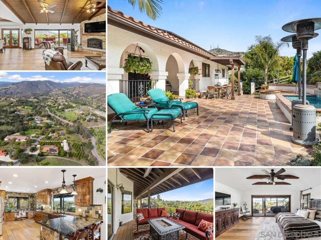 Come home to the best of Fallbrook living with TWO homes on one 1.5-acre property! The main house, an approx. 2,800 SF, impressively renovated & mostly single-level, Spanish-style masterpiece with owned solar, offers up incredible panoramic views of the hills & countryside. The approximately 1,350 SF, 3 bedroom separate, detached guest home with kitchen makes this property ideal for multigenerational living or hosting & entertaining guests. With a grove of approximately 150 mature, thriving Valencia orange trees ensconced on the land, this is an opportunity like no other in North San Diego County. Grand & immaculately maintained, step inside the main home to high wood-beamed ceilings, engineered hardwood flooring, lots of light, a gorgeous stone surround fireplace in the great room, & an impressive view deck that wraps around the home & is accessible through multiple areas, including the broad la cantina doors just off of the living & dining rooms. Sure to please even the most discerning chef, the kitchen unveils handsome wood cabinetry, leathered granite counters, a stone tile backsplash, & a full suite of high-end stainless steel appliances, including a wine fridge & a work or office space. An impressive wrought-iron chandelier anchors the dining area. The primary suite is a peaceful, spa-like retreat with private slider door access out to the view deck, an incredible walk-in closet & an ensuite spa-like bath with generous soaking tub, separate glass-enclosed shower, & dual vanities. SEE SUPP. All main living areas, the primary suite, an additional spacious bedroom, & the office (which could also be another bedroom) are on the main level. A walk-out basement with separate entrances is located below, featuring another vast bedroom & a full, ensuite bath. The front yard of the main home is a sensational, enclosed private patio area that can entertain dozens of guests & displays a water feature, fire pit, putting green, al fresco dining area, vegetable & herb gardens, & built-in seating for enjoying San Diego's amazing year-round weather. The detached guest house is a rare find with 3 beds, 2 full baths, & its own remodeled full kitchen with granite counters, stainless steel appliances & plenty of storage. Light, bright, & modern with updated ceiling fans & floors throughout, it's truly a home unto itself, not just an afterthought! The guest house enjoys an expanded deck & its own, fenced yard with a turf lawn. Just off of the guest house is a detached studio with its own deck & plumbing that is perfect for a salon, office, or gym. Each home has exceptional privacy, with a portion of the Valencia orange grove separating the separate, dedicated driveways. Enter the main house’s side of the property through the beautiful, automatic gate & enjoy plenty of room for extra parking or storage, along with a side parking area that is perfect for your RV or boat (accessible through a second, manually operated gate). Arrive at the guest house at the end of its own lengthy driveway with loads of additional space for parking your vehicles or toys! A walking path also connects each home to the other. A substantial, enclosed workshop area next to the garage at the main house is the finishing touch with bonus storage or workspace for any hobbyist, contractor, athlete, or outdoor enthusiast. A property that checks all of the boxes with NO HOA or no Mello Roos! Live a world away from it all while being just a short drive from downtown Fallbrook & the 15 freeway.