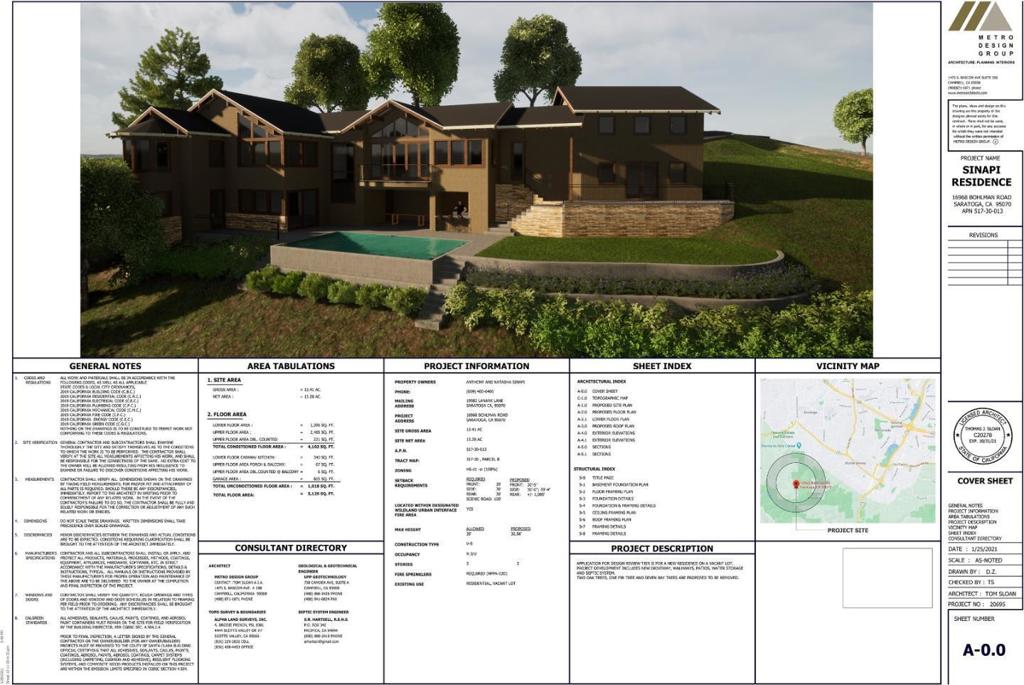 Architectural & Site approval should be complete by August 22 to 30th! PRICE REFLECTS LAND VALUE. Spectacular lot set along the ridge of Bohlman Road with incredible vistas of the valley and SF Bay. Architectural work through Tom Sloan of Metro Design Group, a highly respected and talented local architect. Stylish contemporary design with warm appointments. One has the benefit of a neighborhood feel with the privacy of mountain living provided by this wonderful setting and location. All the site engineering is complete including Geotechnical and Geological reports, a drilled well with water quantity and quality reports, Percolation test and report for Septic system, Survey and Topographical maps. Site, elevations and plan details for Architectural approval through the Planning department of County of Santa Clara available. Current home design for approximately 3,845 sf +/- in total not including Cabana and outdoor kitchen of 340sf +/-, set upon 13.28 net acres +/-. Saratoga Schools!