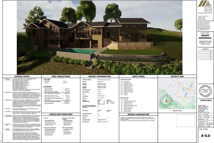 Architectural & Site approval should be complete by August 22 to 30th! PRICE REFLECTS LAND VALUE. Spectacular lot set along the ridge of Bohlman Road with incredible vistas of the valley and SF Bay. Architectural work through Tom Sloan of Metro Design Group, a highly respected and talented local architect. Stylish contemporary design with warm appointments. One has the benefit of a neighborhood feel with the privacy of mountain living provided by this wonderful setting and location.  All the site engineering is complete including Geotechnical and Geological reports, a drilled well with water quantity and quality reports, Percolation test and report for Septic system, Survey and Topographical maps. Site, elevations and plan details for Architectural approval through the Planning department of County of Santa Clara available. Current home design for approximately 3,845 sf +/- in total not including Cabana and outdoor kitchen of 340sf +/-, set upon 13.28 net acres +/-. Saratoga Schools!