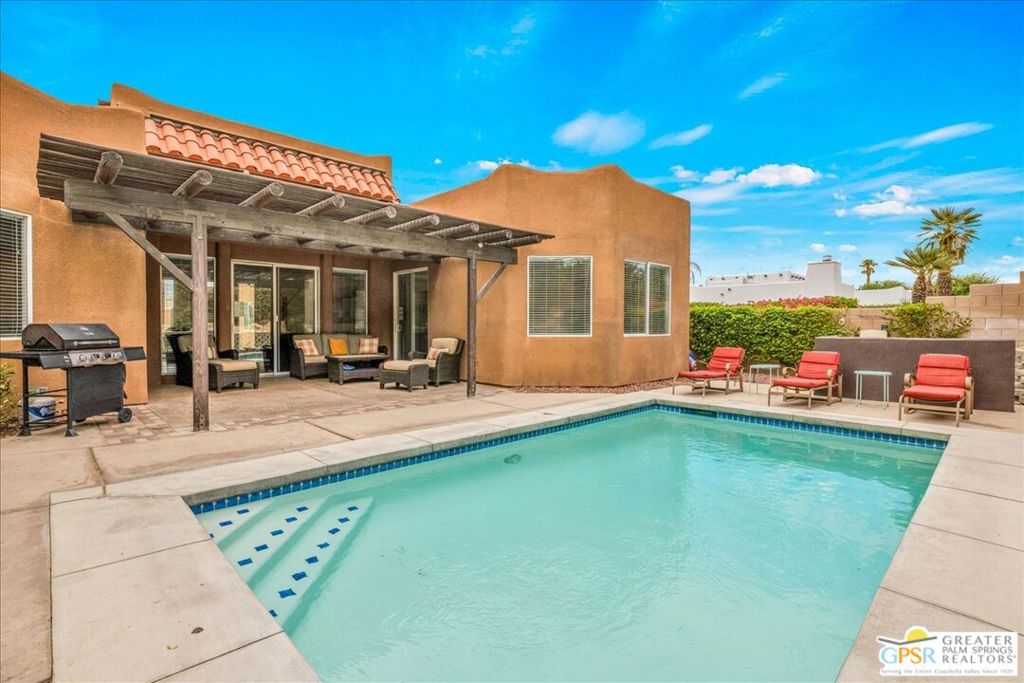 Welcome to Casa de Los Sueno's " House of Dreams ". This Southwestern sanctuary is located in the Sedona community in the unincorporated city of Bermuda Dunes! Situated on a Cul de Sac street of homes of similar quality of construction and appeal, this home is ready for you to purchase as your primary dream home OR it is turnkey furnished and ready to operate as an Airbnb for which it is currently being used as! Minimal rental restrictions here!!! Polo grounds just a few minutes away. Most all community services are within excellent proximity as is freeway 10 access! Casa de Los Sueno's has an excellent floor plan which include a large kitchen with an island, breakfast counter, coffee bar and large dining room area which seats 12. Off of the Dining area is a separate extra-large bedroom/bathroom that is currently used to sleep 6 comfortably with its own self-contained fully upgraded bathroom and eating area. This room could easily be used as self-contained guest quarters or a separate rental from the main house, it is self-contained and accessed from the interior of the home and has a separate exterior door as well. There is a great room off of the kitchen with a raised hearth fireplace. The living room has high ceilings and opens up to the rear extensive concrete patio and saltwater pool which has all newer pool equipment and heater. In addition there is a concrete retaining wall which is elevated to the rear neighbor and offers excellent privacy. The primary suite is separated from the other three bedrooms and is an ensuite which offers remodeled bathroom with dual sink, soaking tub and large glass enclosed shower with bench and assist handle. The front of the property has a long concrete driveway which leads to an insulated oversized two car garage. The front entry is enclosed with a front courtyard fence and patio area. There are dual zoned HVAC units which are located on the roof and two water heater tanks. The HOA has two small grass areas along with the SEDONA sign, those are the only common areas for which there is an annual HOA fee of $240.00 per YEAR! This development has extremely amazing AIRBNB potential with minimal restrictions as well as a private dream home potential for you to own!