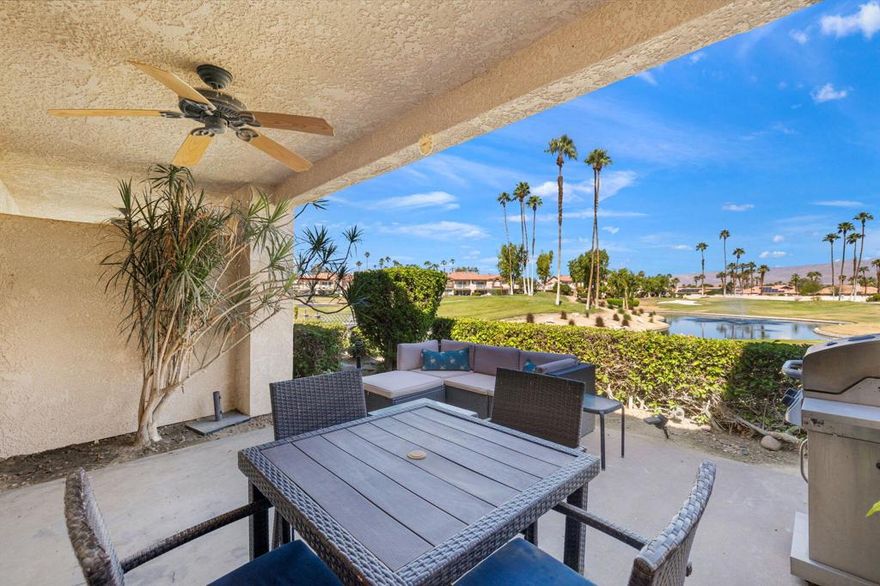 This condo features a premium location with lake, fairway and mountain views. Located away from traffic and noise. The interior features a great room floor plan. The kitchen features some newer appliances and is open to the great room. The primary bath is upgraded with a walk in custom tile shower.  Newer vinyl flooring or tile throughout. Decorated with warm, neutral colors and offered furnished. The newer HVAC system is energy efficient.  The inclusion of a 1-car garage adds practicality to the package. The complex's amenities include 6 community pools and spa areas, to provide ample opportunities for relaxation and recreation. The added perk of UNLIMITED golf on a Ted Robinson designed par 3 course. Enjoy tennis and pickleball courts that are well maintained. Now the area headquarters for Helix Disc Golf, which enhances lifestyle appeal. Low HOA dues covering essential services, cable, and internet make for worry-free living, while convenient access to shopping, dining, and transportation adds to the property's allure. Situated across from the Indian Wells Tennis Gardens, home of the Paribas Open, this property is perfect for either full-time residence or a luxury seasonal home. Overall, it truly offers a lifestyle of convenience and luxury, appealing to those seeking the ultimate in comfort and relaxation.