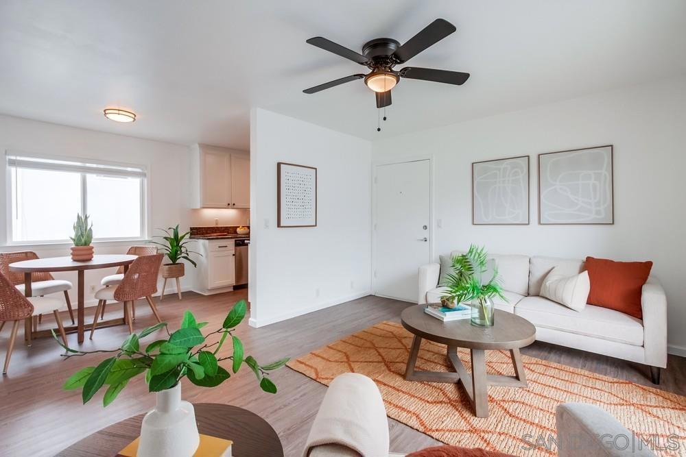 Beautiful 1 bedroom, 1 bathroom upper level property in the heart of Pacific Beach! This single level condo has no neighbors above and features a private washer/dryer in unit! Great layout with living room that flows to a long, covered balcony space, eat in kitchen area for dining and a light/bright feel. Upgraded flooring, stainless steel appliances and granite countertops in kitchen, brand new carpet in bedroom, ceiling fans, new slider/window glass & more. Gated complex, 1 assigned parking spot- off street, gated and covered carport. Walk to everything…beach, bay, shopping & entertainment…plus easy freeway access in and out of 92109!