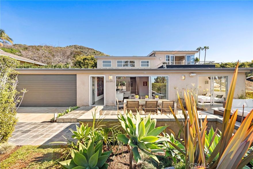Beautiful contemporary home with ocean views located in one of Laguna's close to the beach neighborhoods. Perfectly situated on a quiet cul-de-sac Marilyn Dr, this gorgeous Tim Nicol's designed residence is an entertainers paradise. Primary bedroom suite situated on the second level with ocean views and a generous attached private deck to take the afternoon sunsets. 3 additional guest bedrooms (one currently being used as a combo media/bedroom) are situated on the ground level offering easy access to the front and back outdoor living areas. Expansive open chefs kitchen, dining and living room are surrounded by walls of glass doors creating seamless transition between nature and dwelling space. Lush tropical foliage surrounds ultra private back yard, large salt water pool and spa, and multiple lounge areas. Private front yard outdoor living space with built in fire pit, dining area. Easy access in minutes to Montage Resort and Spa, and Laguna's finest most sought after restaurants and beaches. A place of peace and tranquility to come live the dream in beautiful Laguna Beach.