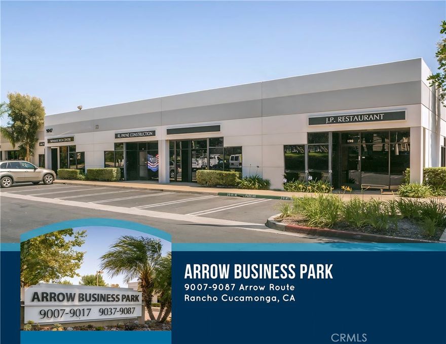 Best location for Office/warehouse in Rancho Cucamonga! Now best rate in the area! Attractive Industrial/Office/Warehouse, 77units, 7 Buildings (2 Stories), with 137,839 SF, Divisible into smaller Industrial/Office Condos, Separate Loading Docks for each individual industrial/warehouse. Great Location - High Visibility Street(Arrow Route & Vineyard) 352 Parking Spaces Excellent Location next to the Ontario International Airport. In the middle of I-10 and I-210 freeway! You must see it!!! 

Available Suites: 

9007-100 Office 2,098 SF

9087-200 Office 2,638 SF

9047-140 Office/Industrial 2,858 SF

9087-150 Office/Industrial 2,030 SF