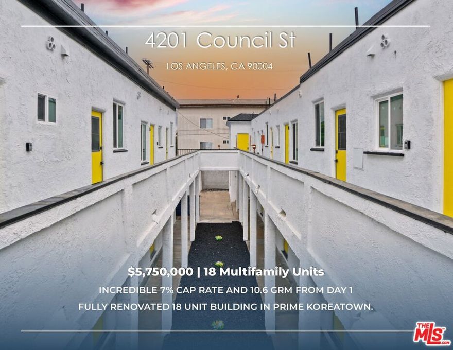 Huge 650k Price Reduction! 100% Fully Renovated 18-unit apartment building with permits cash flowing at an amazing 7% Cap Rate and 10.6 GRM from day 1! All units have already been leased at full market rents of over $2,500 per month on average providing an incredible cash flow. The offering provides investors with a unique opportunity to purchase a premium asset that was completely vacated and renovated. 201 N Normandie Avenue was built in 1923 and boasts 16 stylish apartment homes renovated in 2023 as well as 2 brand-new detached ADUs built in 2024. Ownership has conducted a complete property restoration with permits. It features an attractive unit composition of eighteen (18) spacious and well-designed One-Bedroom | One-Bathroom units. In all, 201 North Normandie Avenue features ~8,677 square feet of improvements on a collective ~7,700 square feet of land, zoned LAR3. The property is separately metered for gas and electrical utilities to further reduce operating costs. The property has seen a complete restoration, down to every inch. Overall systems were overhauled with a new roof, plumbing, and electrical systems were updated within the last couple of years with a new panel and wiring. Also, there are updated HVAC systems and new windows in each unit. When approaching the property, tenants are invited with a unique and inviting color scheme featuring a fresh paint job and stylish landscaping. The units have undergone gut-level updating with new wood flooring, updated lighting fixtures, and brand-new kitchen and bathrooms. In the kitchen, there are new cabinets, modern countertops, and new water heaters. The bathrooms boast new vanities and modern fixtures along with sleek shower stalls. The location is in the heavily sought-after Koreatown and Wilshire Center sub-markets. 201 N Normandie Avenue is poised to capitalize on the tremendous momentum in the immediate area and neighboring Hollywood and Downtown. The subject property's transit-oriented and highly walkable location offers residents access to a myriad of entertainment venues, cultural destinations, and dining options nearby. Given the property's location and strong income metrics, 201 N Normandie Avenue is an ideal investment for investors seeking immediate returns along with long-term wealth preservation and appreciation.