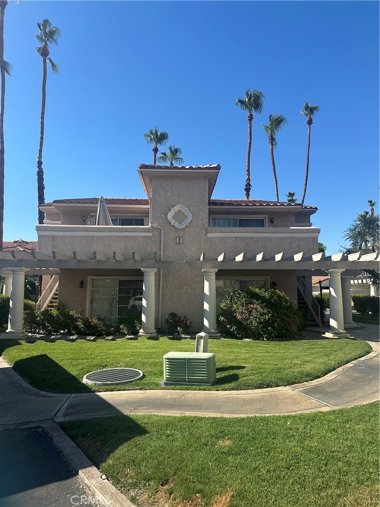 Situated within the Mesquite Country Club in Palm Springs, California. These Mediterranean villa-style condominiums are a true Coachella Valley treasure. Each one-bedroom, one-bathroom unit features a full living room and dining area with soaring vaulted ceilings. Residents enjoy amenities such as pickleball courts, HBO, Showtime, and high-speed internet. The community, centered around a picturesque golf course, offers multiple sparkling pools, spas, and tennis courts, surrounded by rolling greens, mature trees, and breathtaking views of the San Jacinto Mountains. This lushly landscaped, all-ages complex provides a year-round vacation experience, with spacious units boasting double balconies perfect for morning mountain vistas and evening views of the pool. A host to past PGA and Golden State Tour events, this prime location is conveniently near Palm Springs International Airport (PSP), downtown, and an array of new commercial stores like Marshall's, FedEx, Lowe's, Home Depot, and Ulta Beauty, offering easy access to attractions and world-class golf.