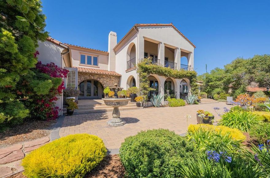 In the exclusive gated community of Pasadera -magnificent Super Villa on large lot w/views out of pictures of Spain's countryside. Outdoor spaces w/2 fountains, flower gardens, & manicured landscaping (own water storage tank & generator). Greeted by arched stone entry porch to large foyer w/soaring ceilings & exquisite carpentry. Large windows bathing areas in natural light. Gourmet kitchen is chef's delight featuring top line of appliances (2 Miele dishwashers, restaurant size refrigerator & wine refrigerator, 6 burner gas range + pantry/Butlers). Large granite kitchen Island & lots of counterspace! Family rm off ktichen w/fireplace and access to outdoor dining patio. Powder room too. Formal dining rm open to stunning living rm w/stone fireplace & double doors opening to back patio. Separate wing w/2 bedrms w/own bathrm suites, large laundry rm & access to garage w/smart door openers & camera security. Entire upstairs is Primary Suite w/seating area & fireplace plus long outdoor balcony to enjoy mt, canyon, golf course views. 2 walk-in closets, & spa-like bathrm w/everything. Pasadera offers clubhouse/golf/pool/tennis. Close by Monterey, Carmel, Pebble Beach w/world class events & convenient Monterey Airport & Big Sur Coastline. You will never want to leave once here.